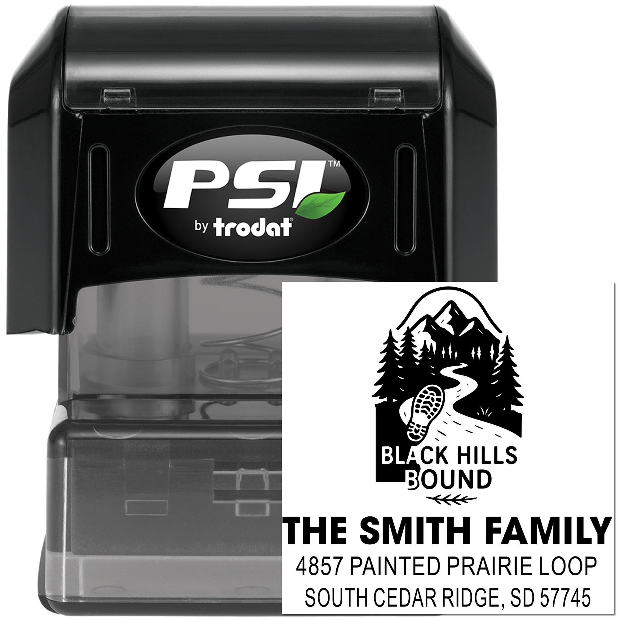 PSI by Trodat self-inking custom address stamp with Black Hills Bound family return address design and mountain logo