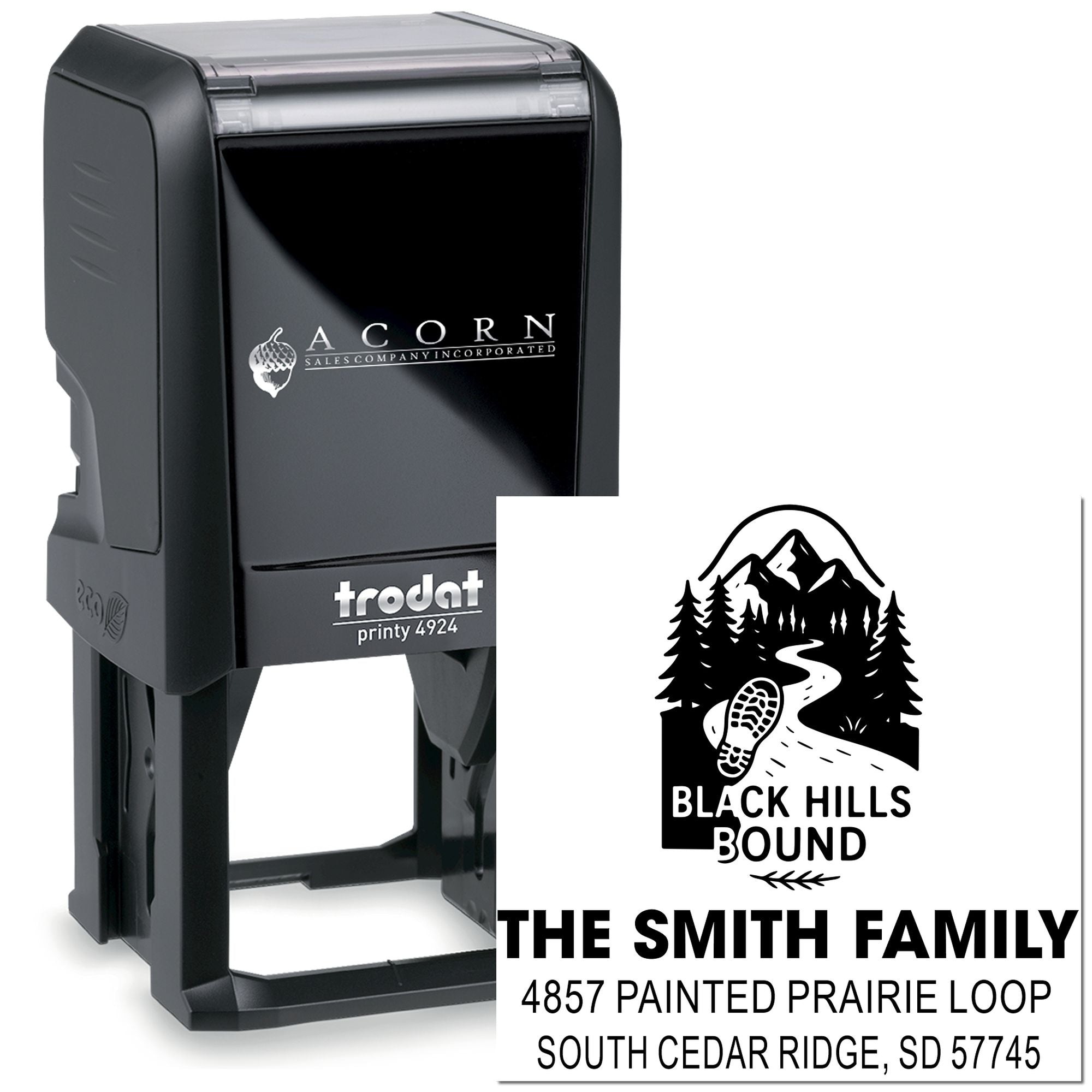 Custom self-inking rubber stamp, Trodat Printy 4924, with Black Hills Bound family address design for personalized mailing and branding.