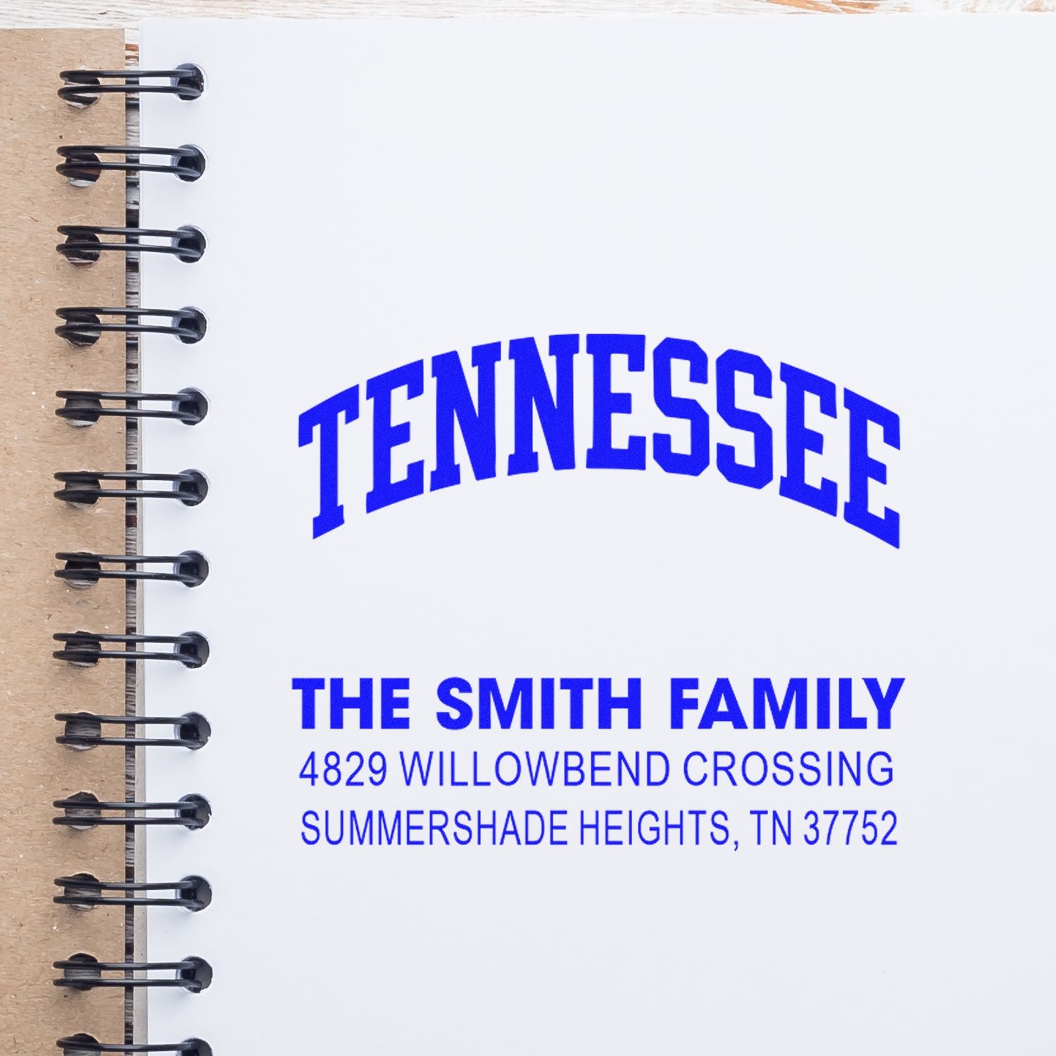 Custom Tennessee return address rubber stamp for The Smith Family, featuring personalized name and Summershade Heights, TN address.
