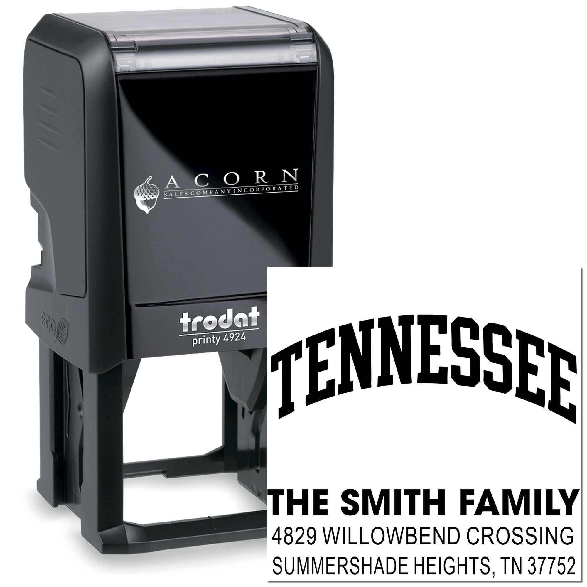 Trodat Printy 4924 custom self-inking rubber stamp with Tennessee family address.