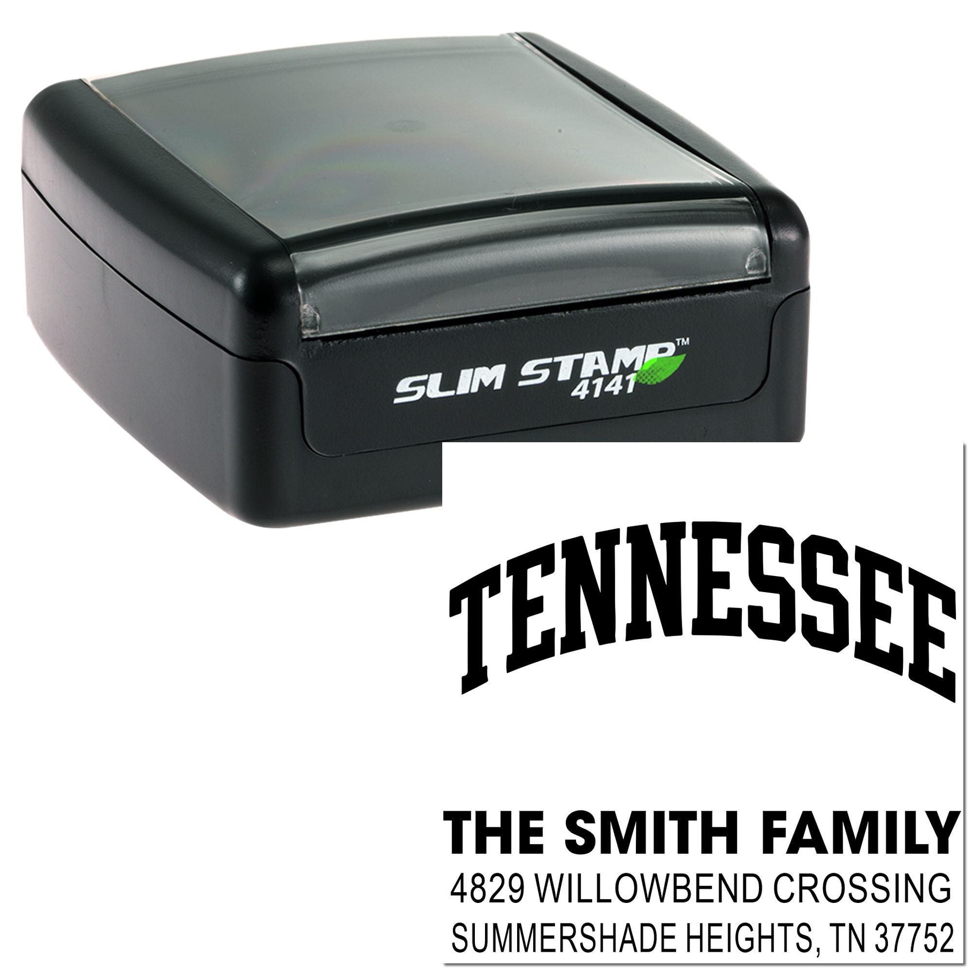 Custom Tennessee self-inking return address rubber stamp, Slim Stamp 4141, with The Smith Family address design.