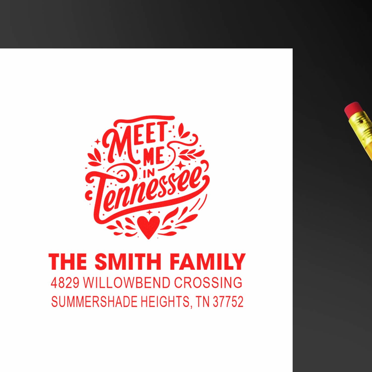 Personalized return address rubber stamp with Meet Me in Tennessee design for The Smith Family, Summershade Heights, TN.