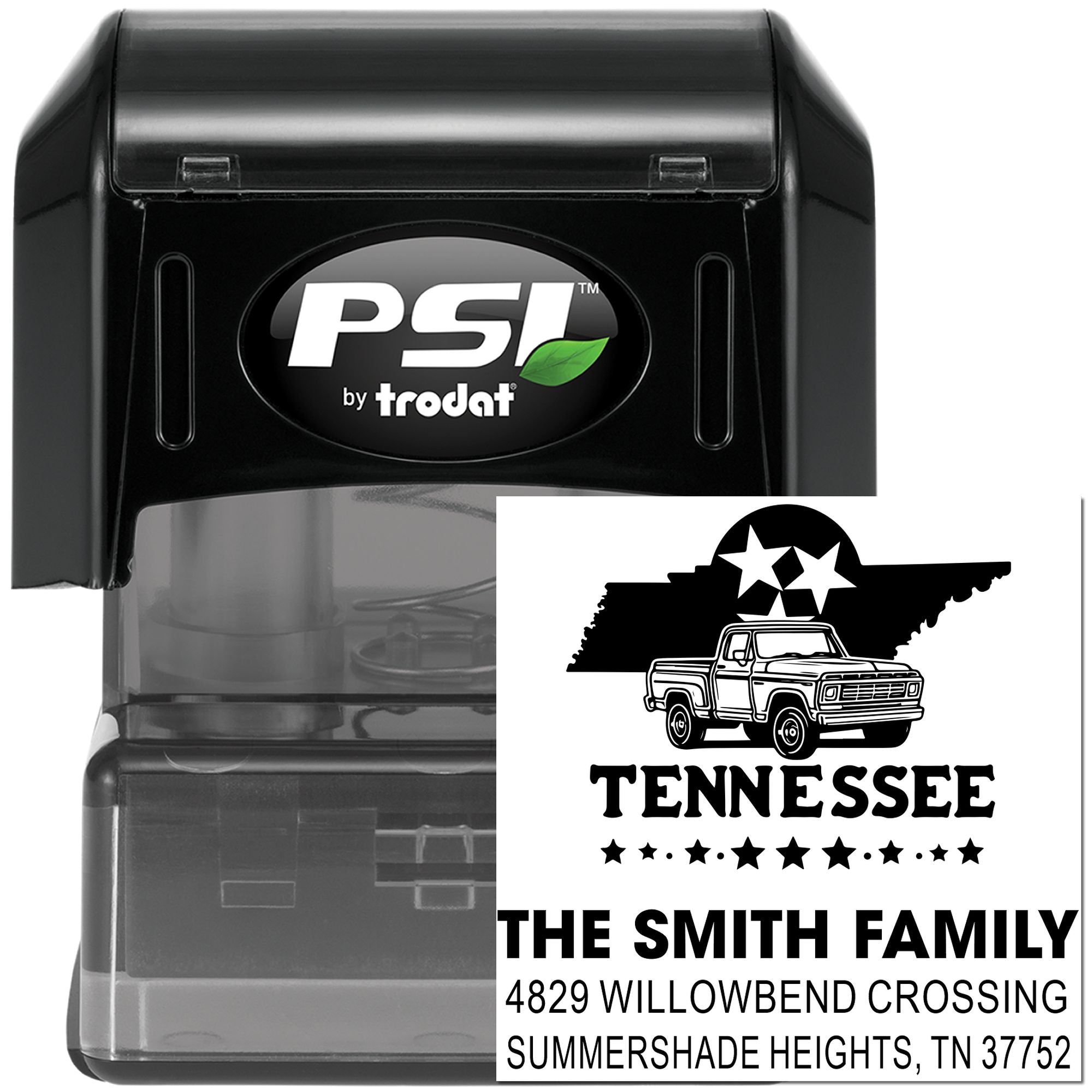 Custom Tennessee address rubber stamp with truck and stars, PSI by Trodat self-inking stamp for personalized family mailings.