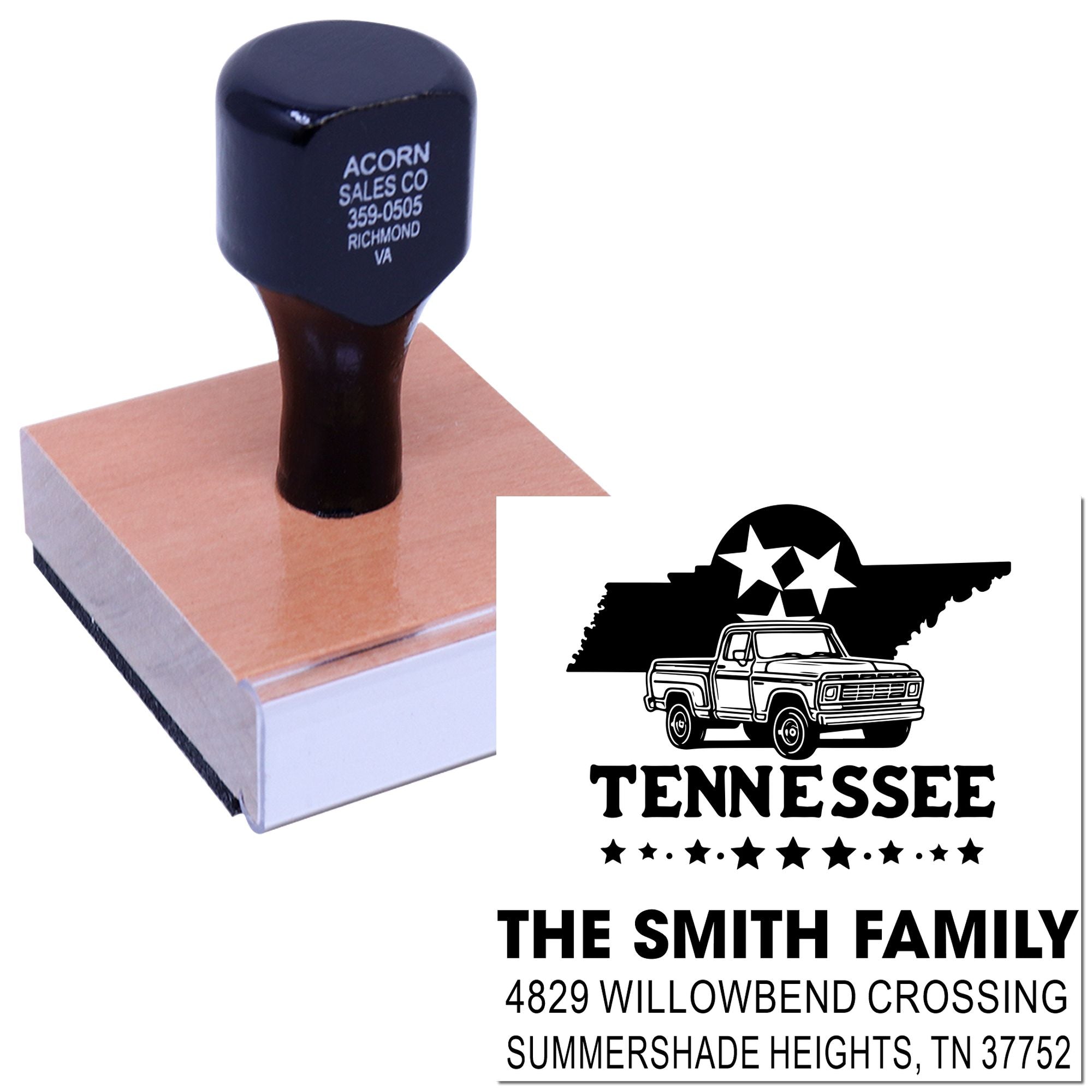 Custom rubber address stamp for Tennessee family return address, featuring truck graphic and personalized name and mailing details.