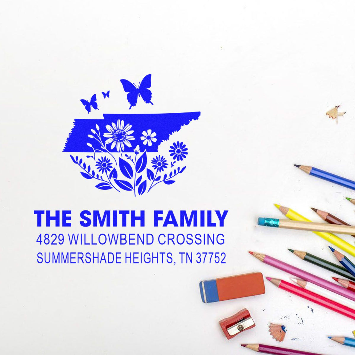 Custom family address rubber stamp with Tennessee state design, butterflies and flowers for personalized mailing.