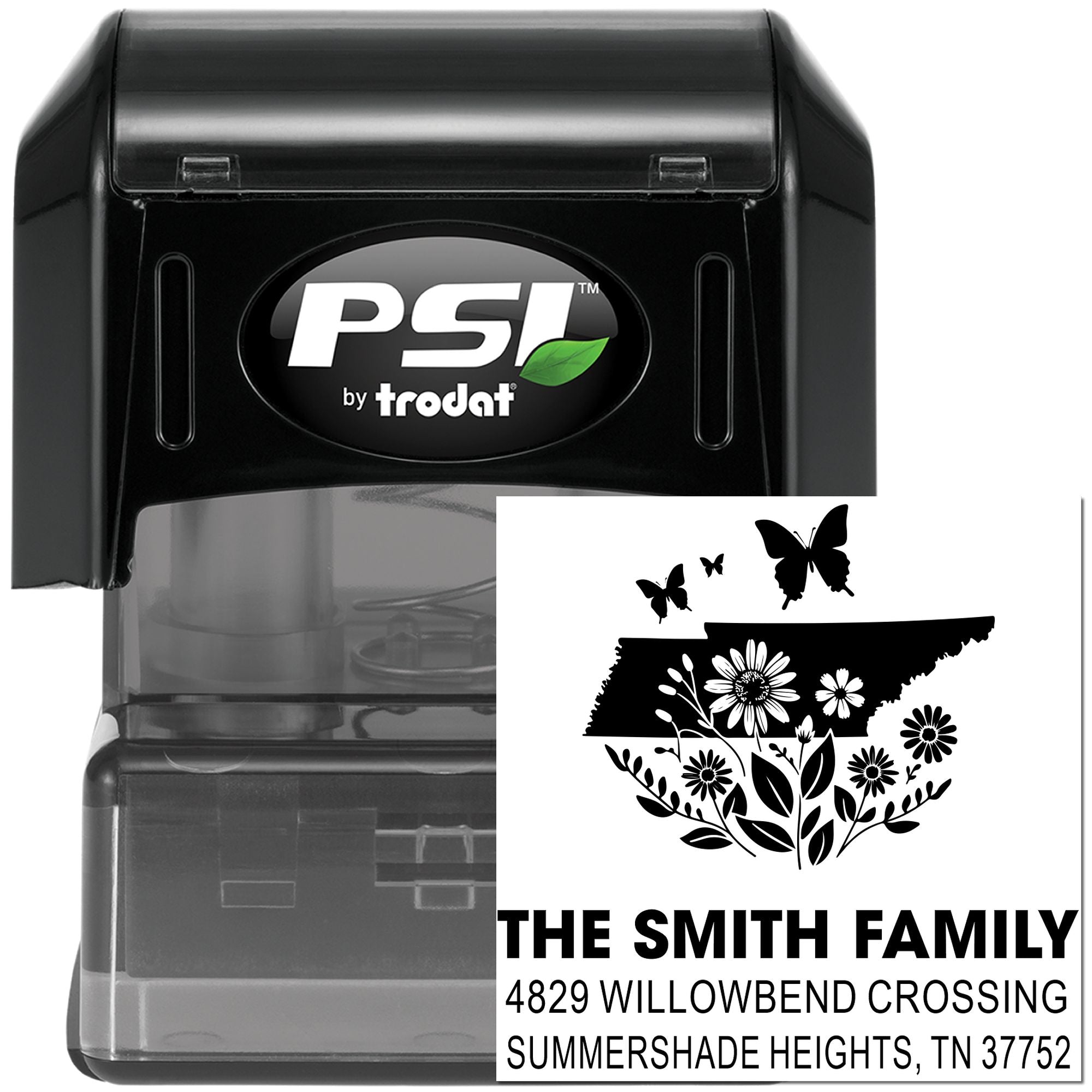 PSI by Trodat self-inking rubber stamp with custom Tennessee family address design and floral butterfly motif.