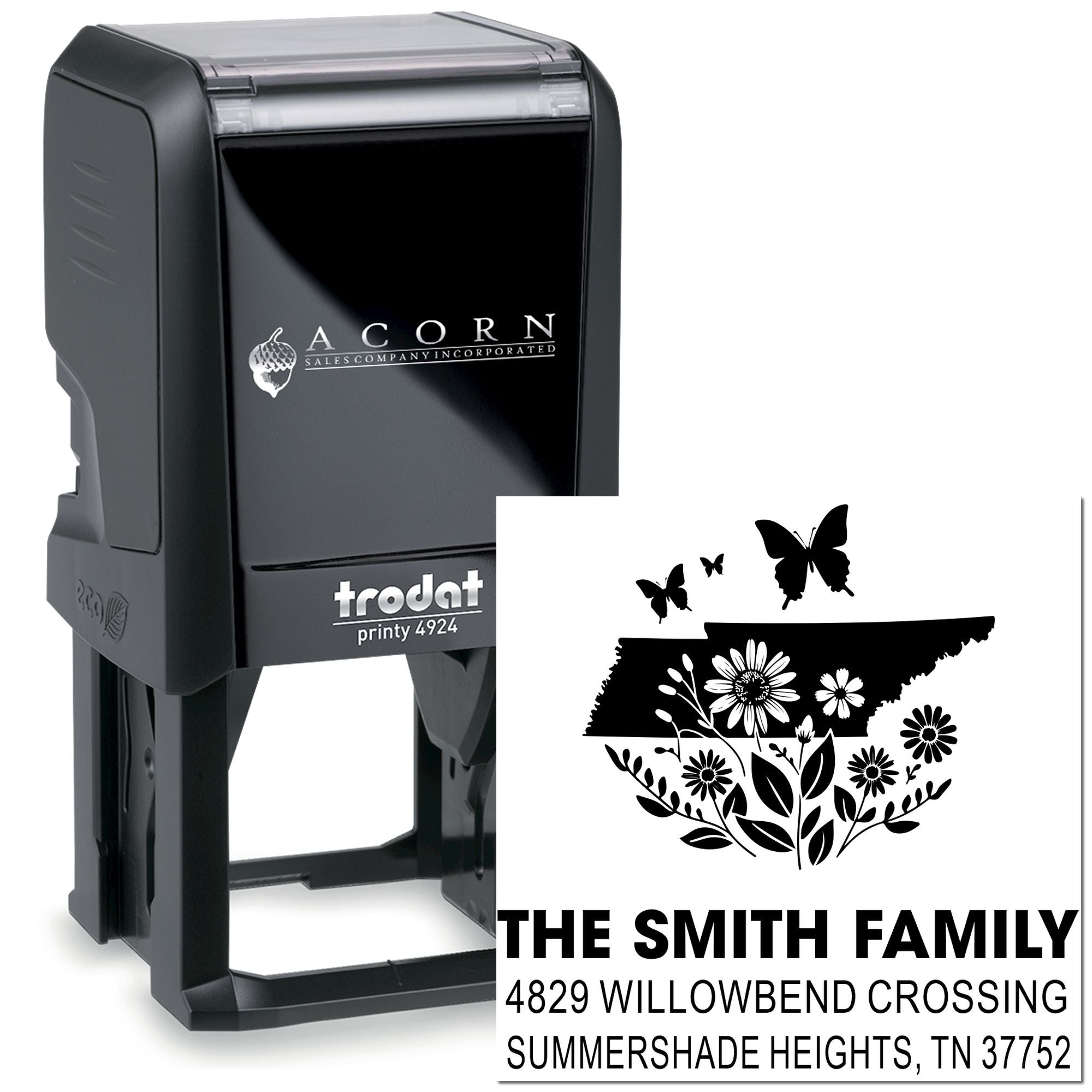 Custom self-inking rubber address stamp with butterfly floral design for The Smith Family, Summershade Heights, TN