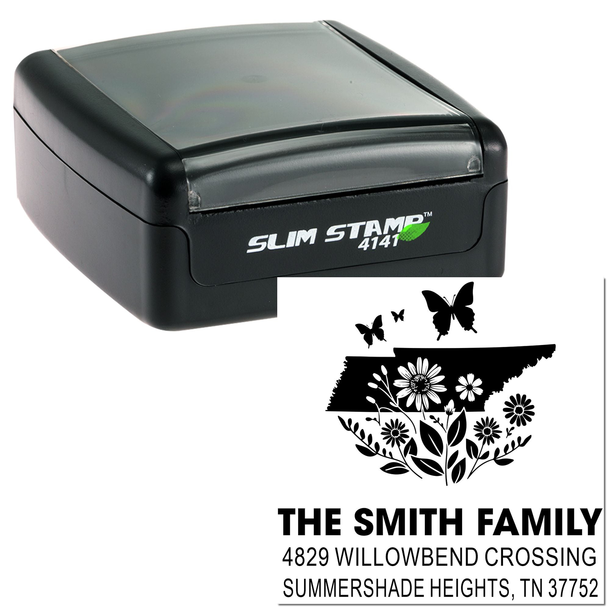 Custom self-inking rubber address stamp with floral Tennessee design, butterflies, and family return address imprint.