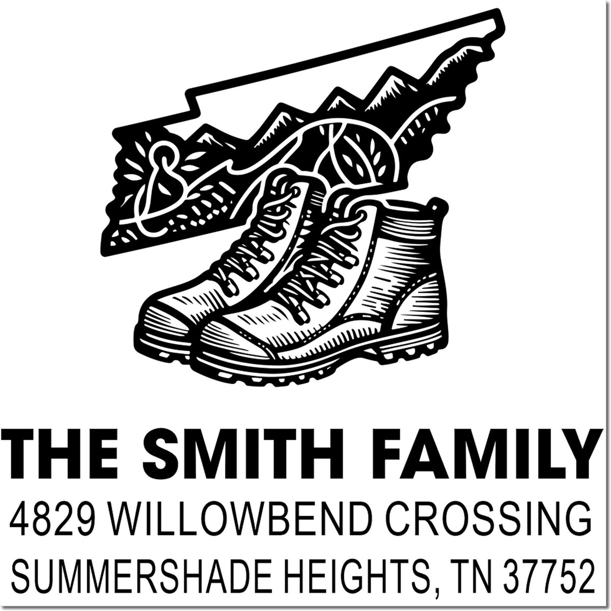 Personalized return address rubber stamp with hiking boots and Tennessee outline for The Smith Family, Summershade Heights, TN.