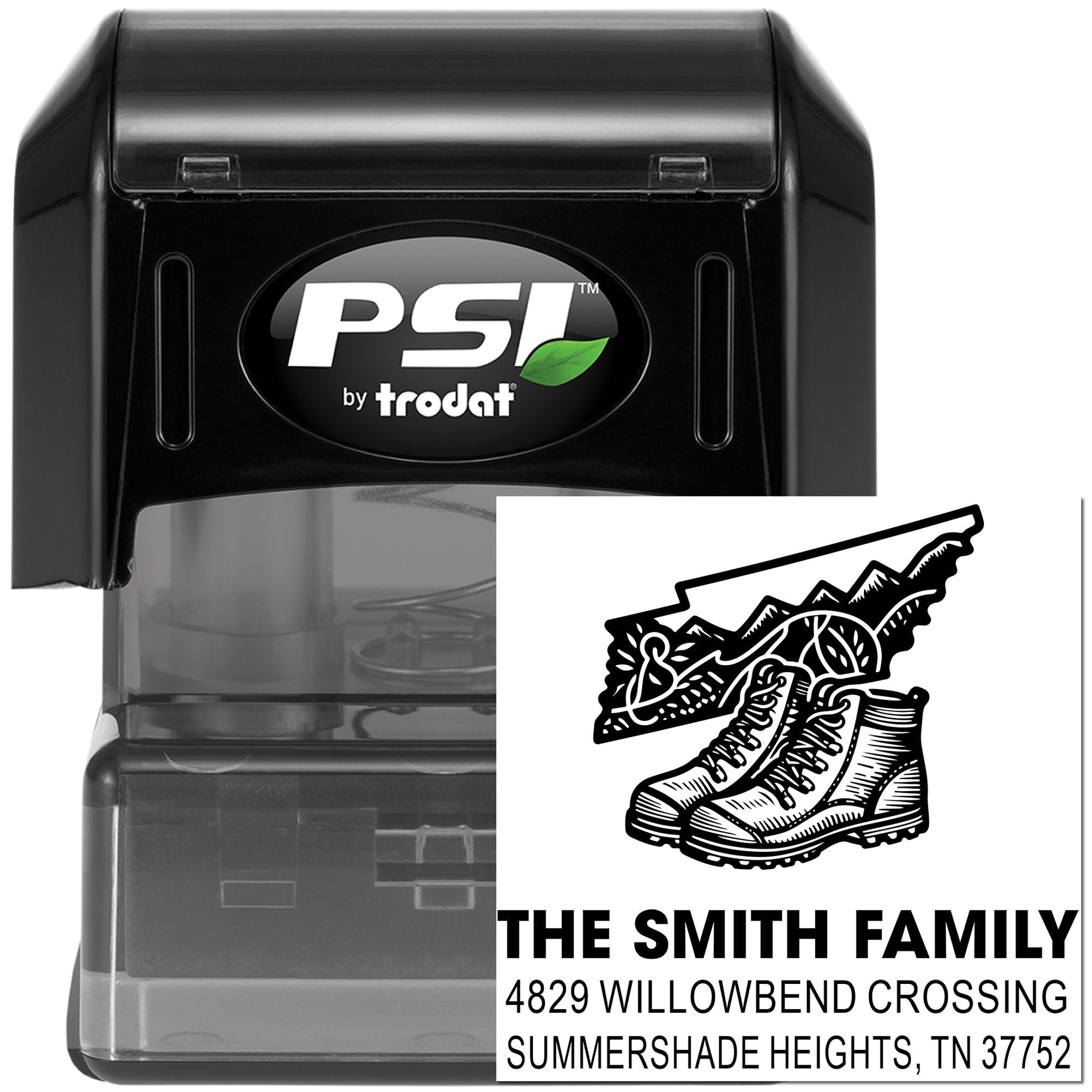 Self-inking custom rubber stamp by PSI Trodat with family return address, boots and mountain logo for personalized mailing