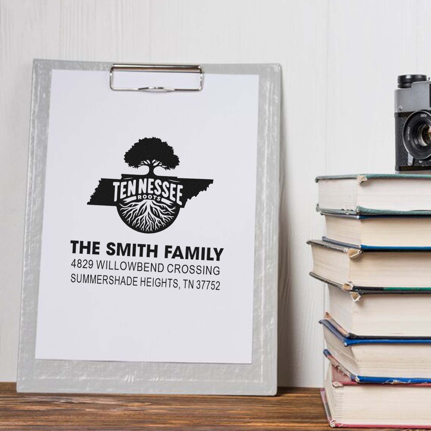 Custom Tennessee Roots family address rubber stamp with The Smith Family name and mailing address design.