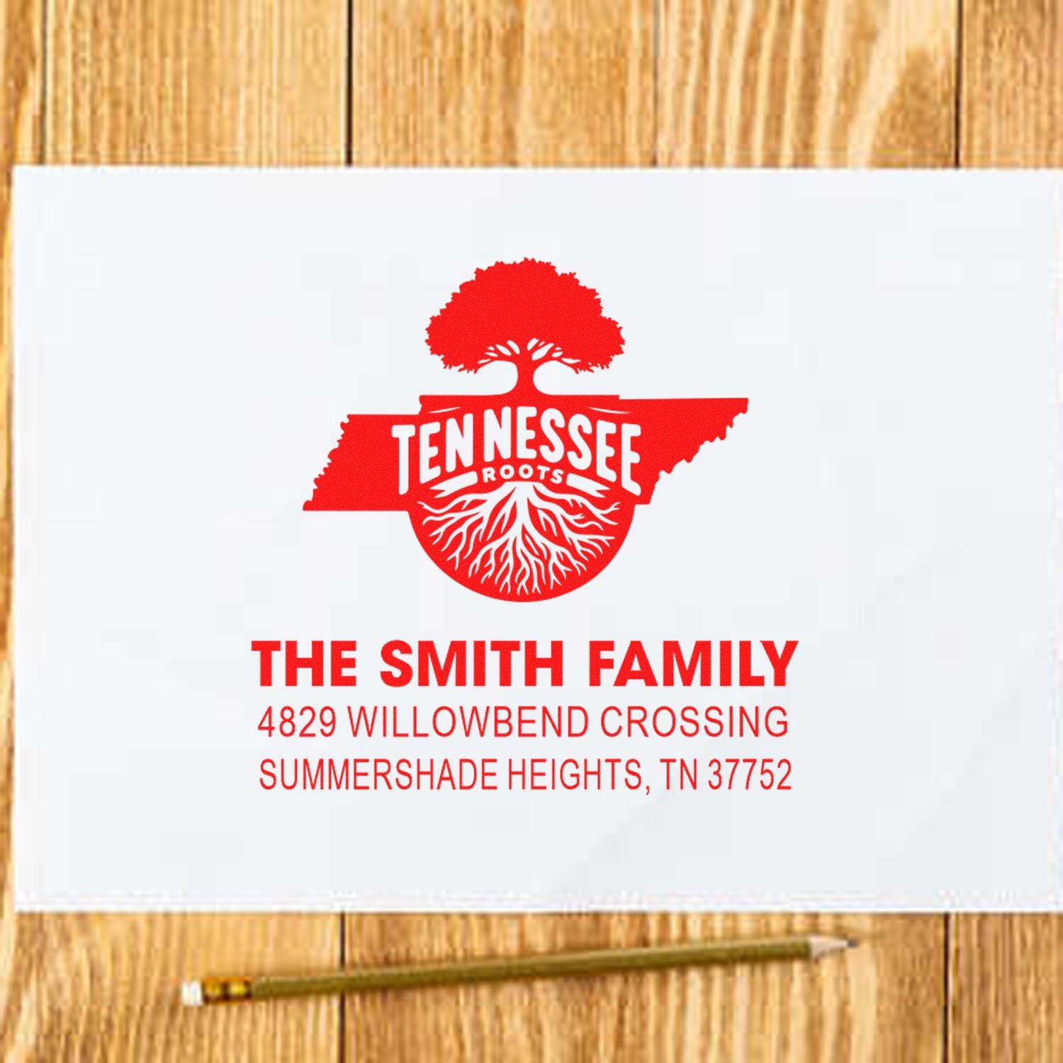Personalized Tennessee Roots address rubber stamp for The Smith Family, Summershade Heights, TN 37752.
