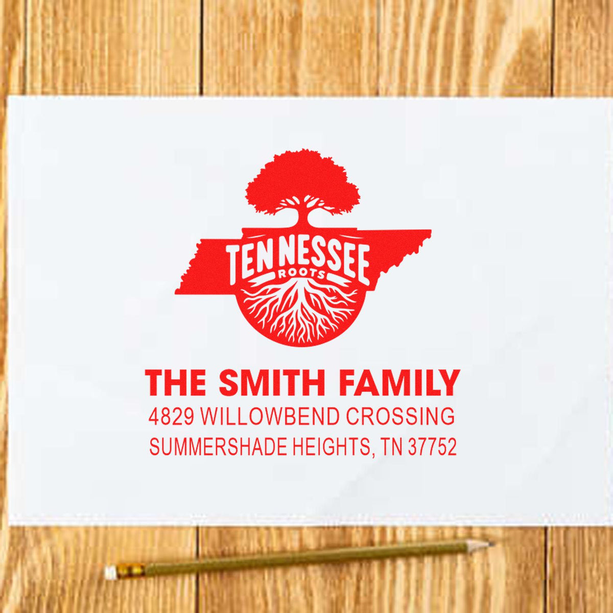 Custom Tennessee Roots family return address rubber stamp for The Smith Family in Summershade Heights, TN.