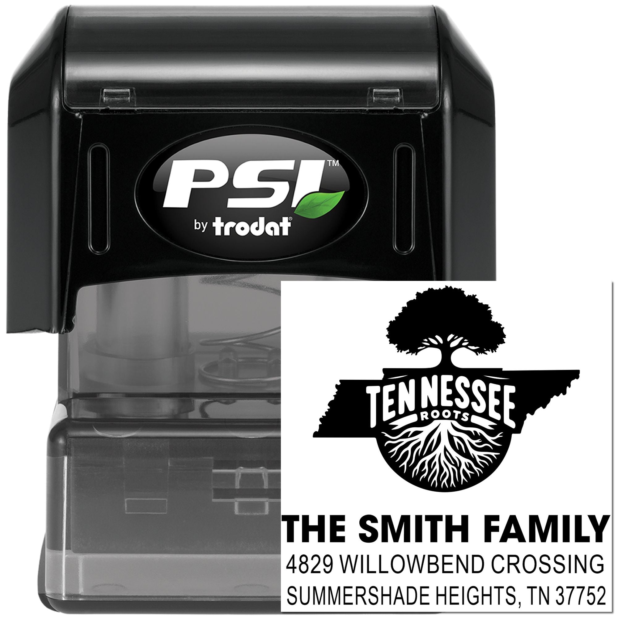 Custom self-inking PSI by Trodat rubber stamp for Tennessee Roots family address, tree logo, and personalized home imprint.