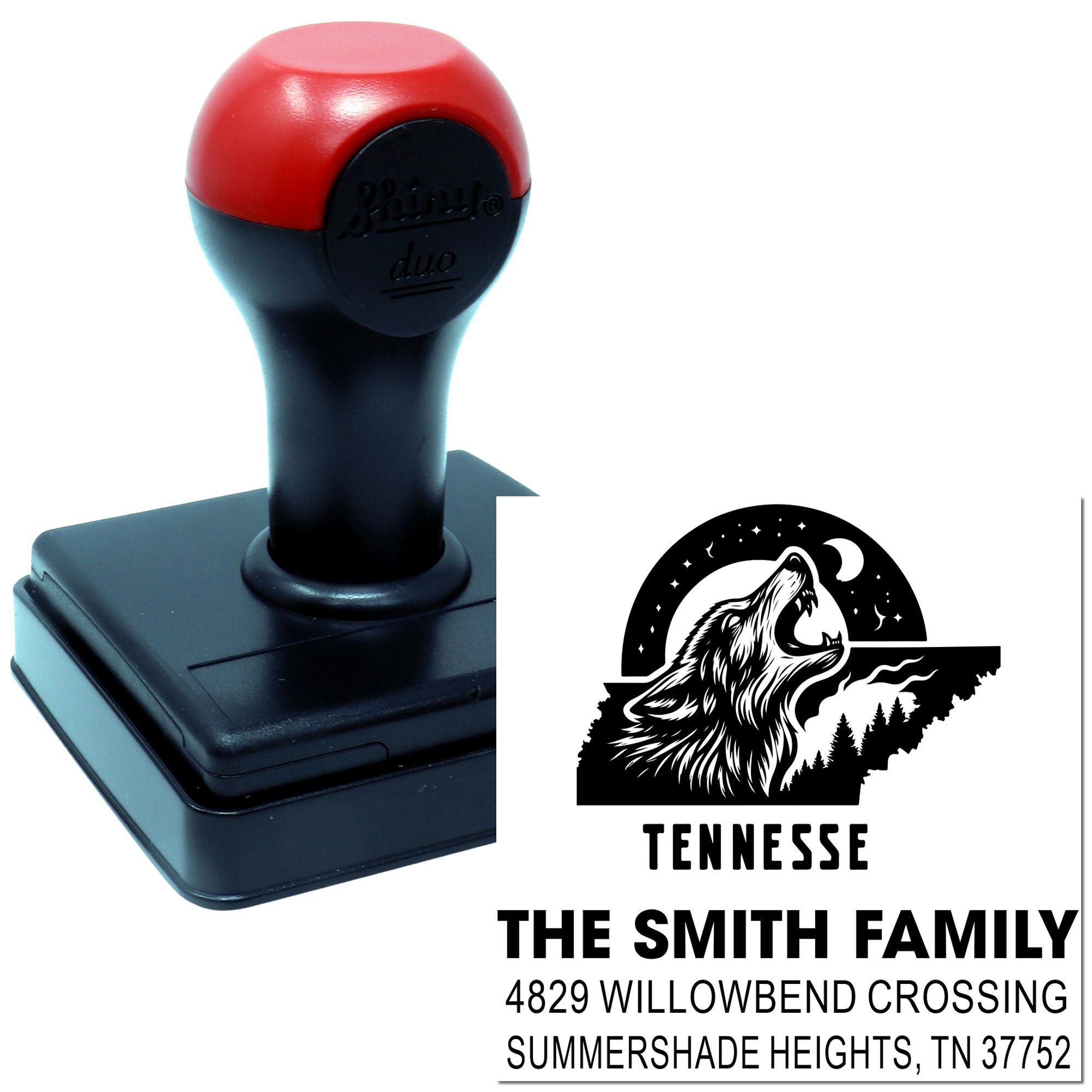 Custom self-inking rubber stamp with Tennessee wolf design for Smith Family return address imprint