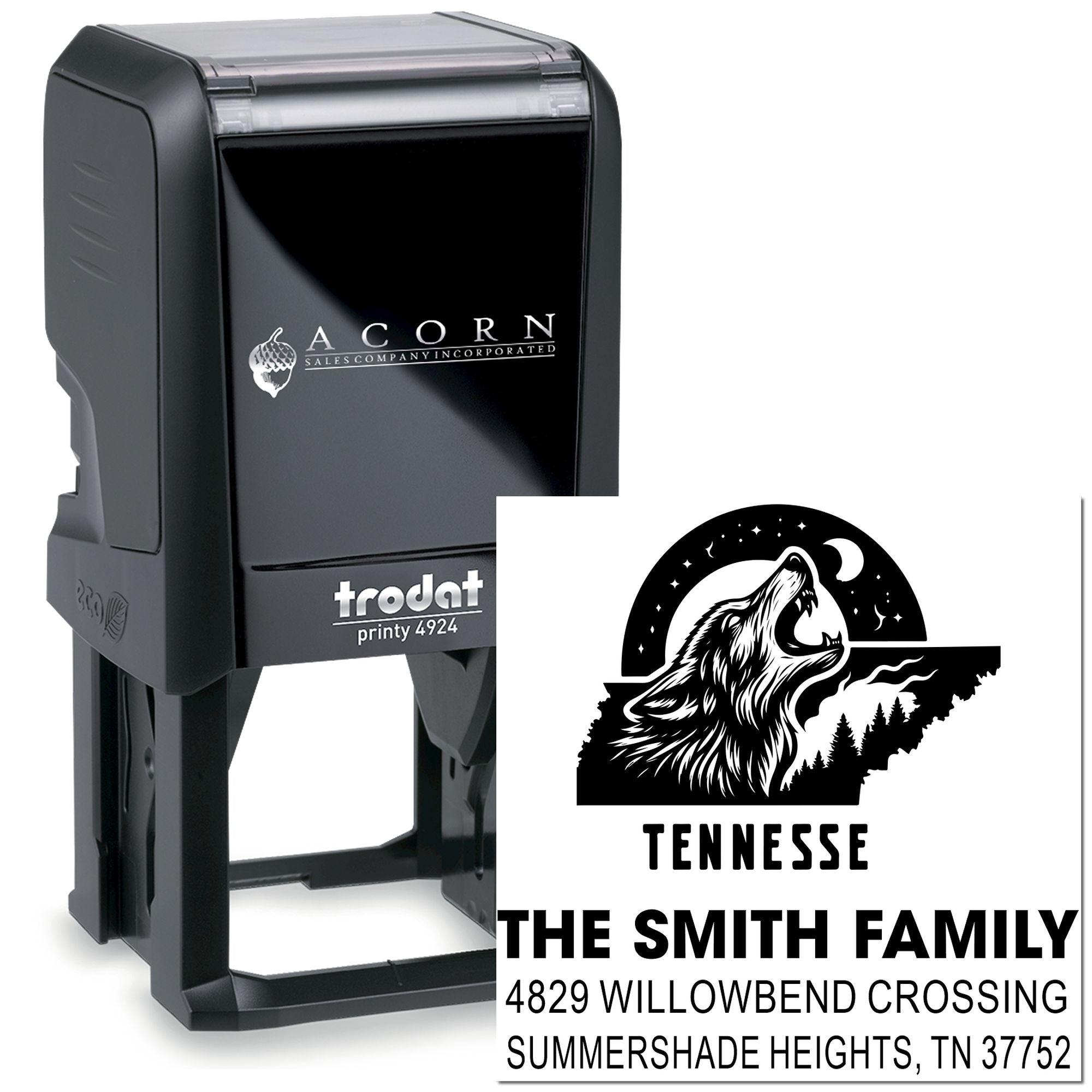 Custom self-inking rubber address stamp with wolf design, featuring The Smith Family return address in Tennessee.