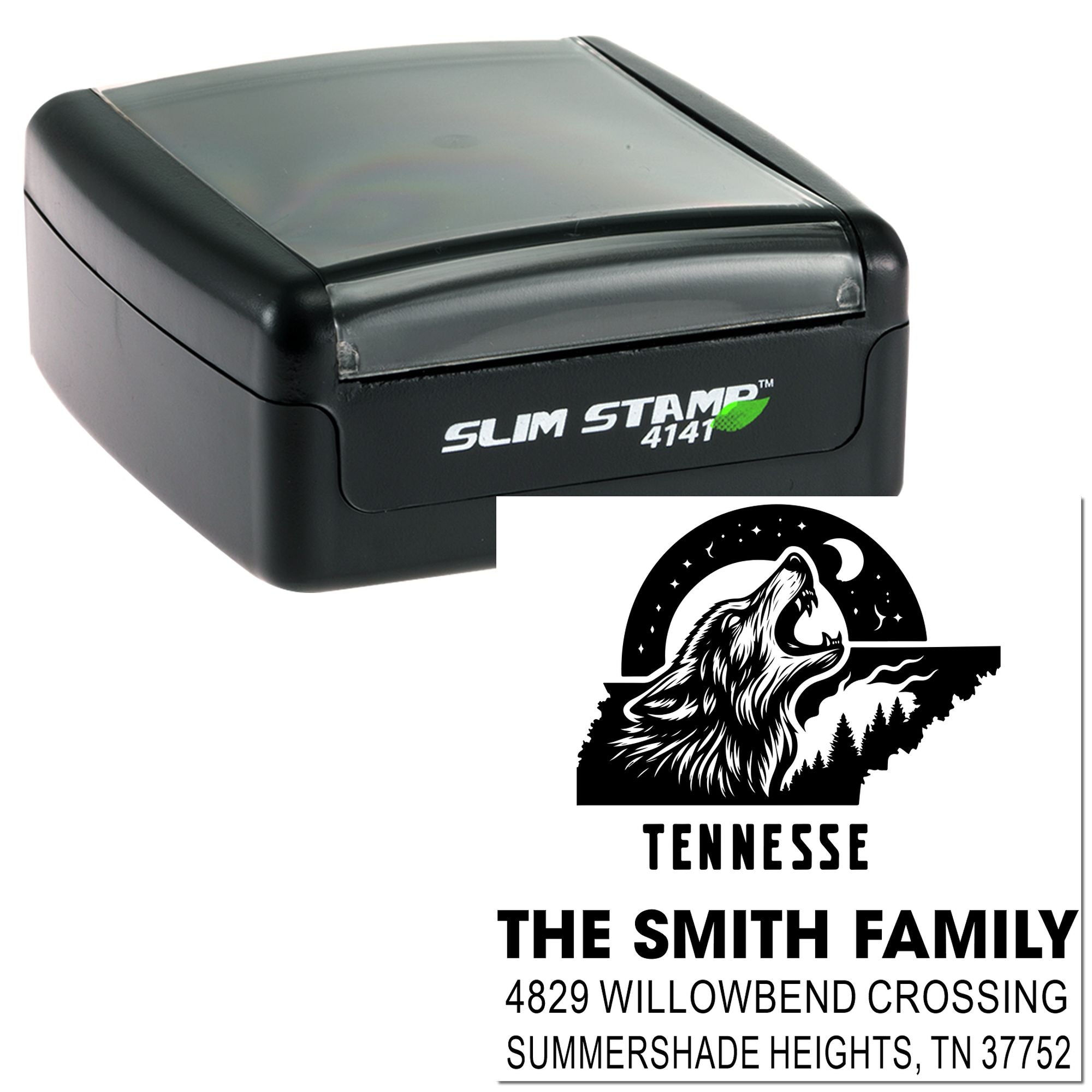 Custom Tennessee self-inking rubber address stamp with wolf design, family name, and mailing address imprint.