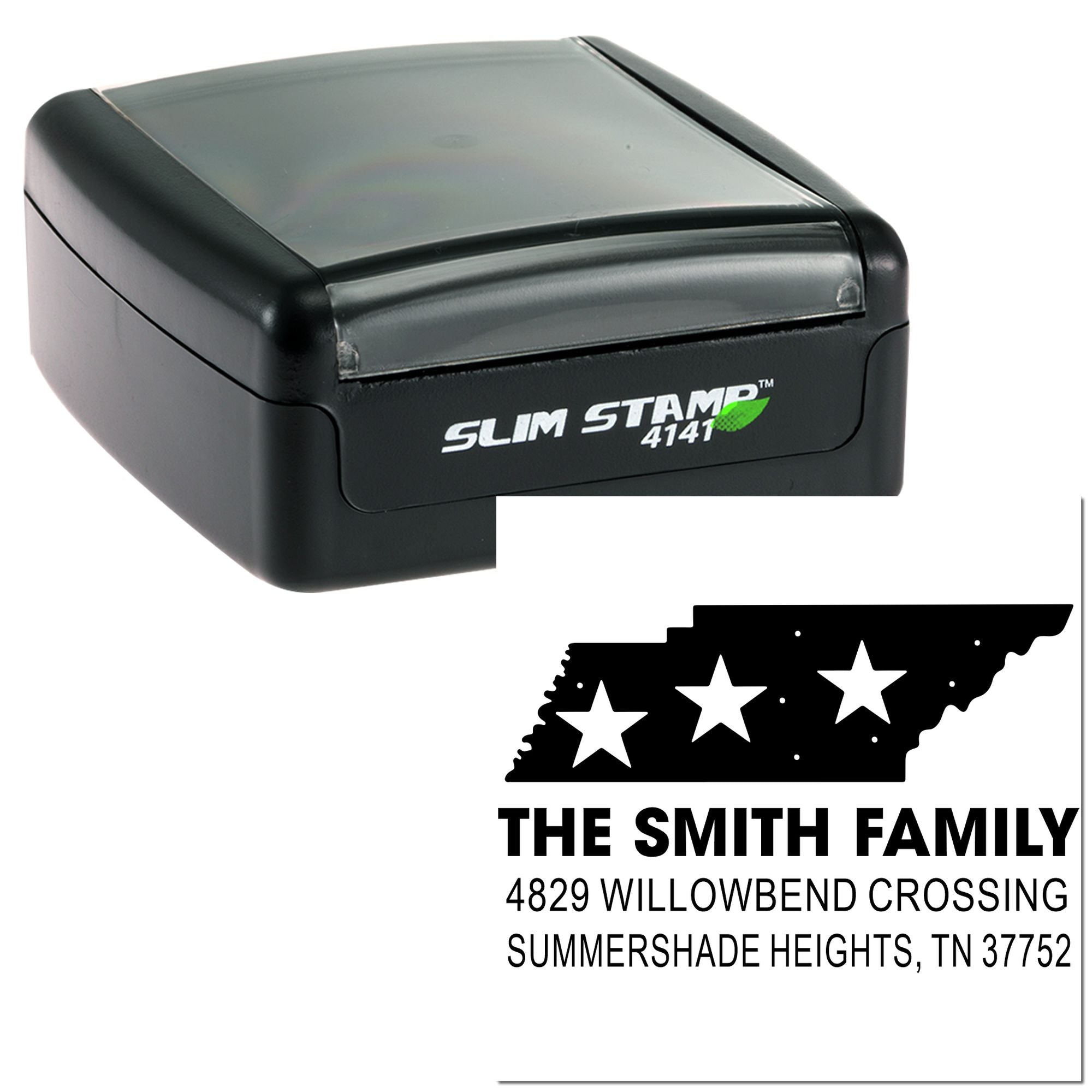 Custom slim rubber stamp with Tennessee family return address design for personalized mailing.