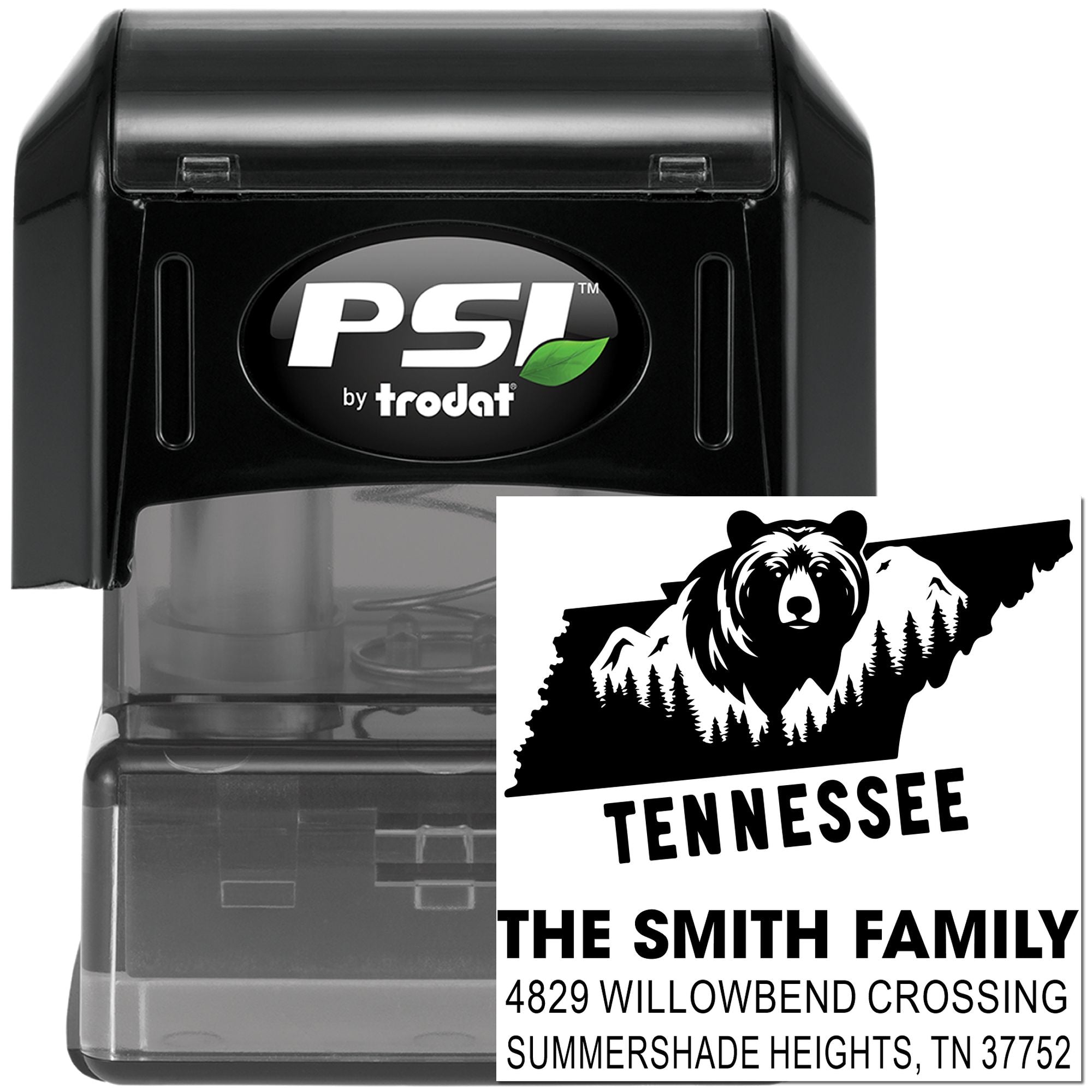 Personalized Tennessee bear self-inking rubber stamp by PSI by Trodat for The Smith Family return address.