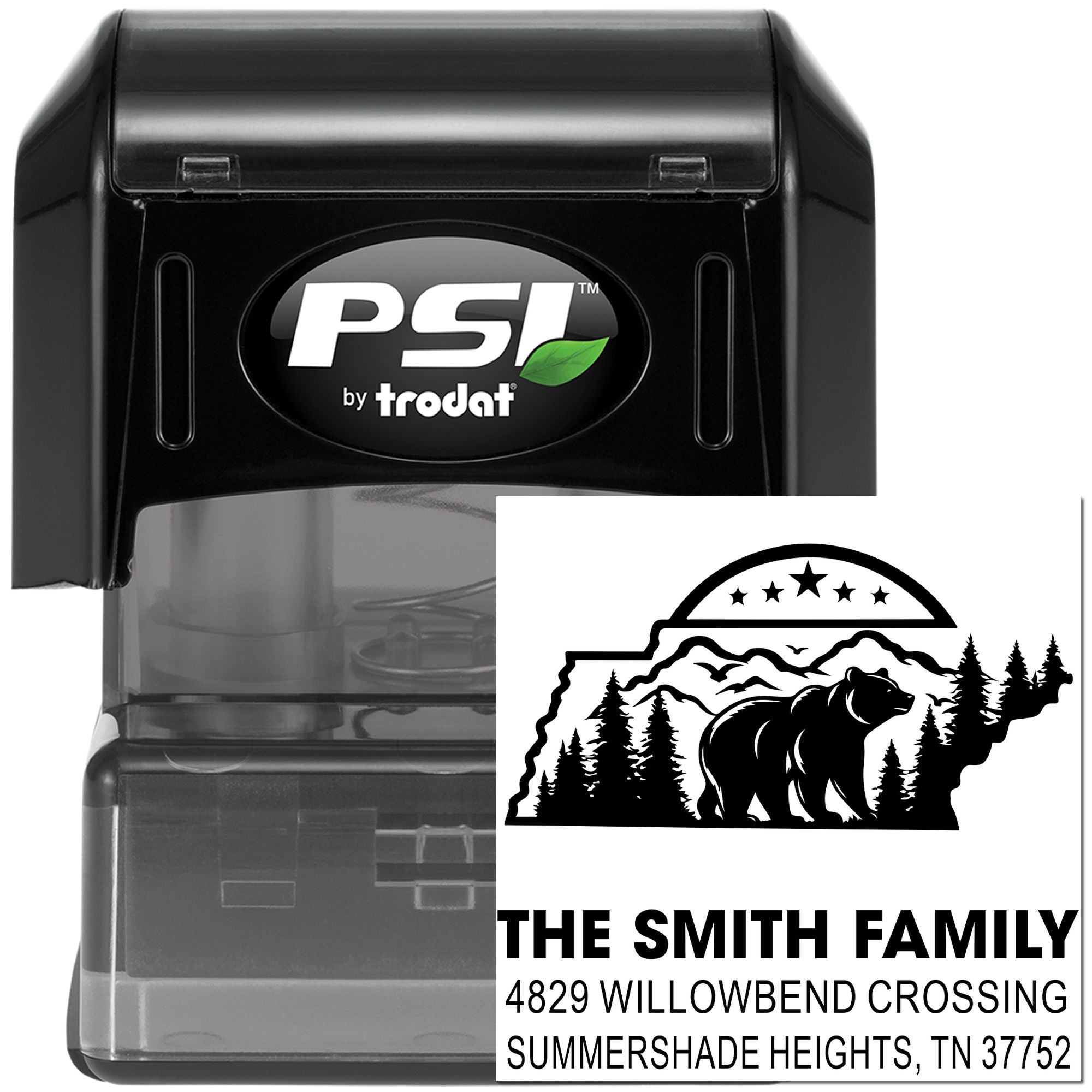 Personalized self-inking return address rubber stamp with bear and mountain design for The Smith Family, PSI by Trodat
