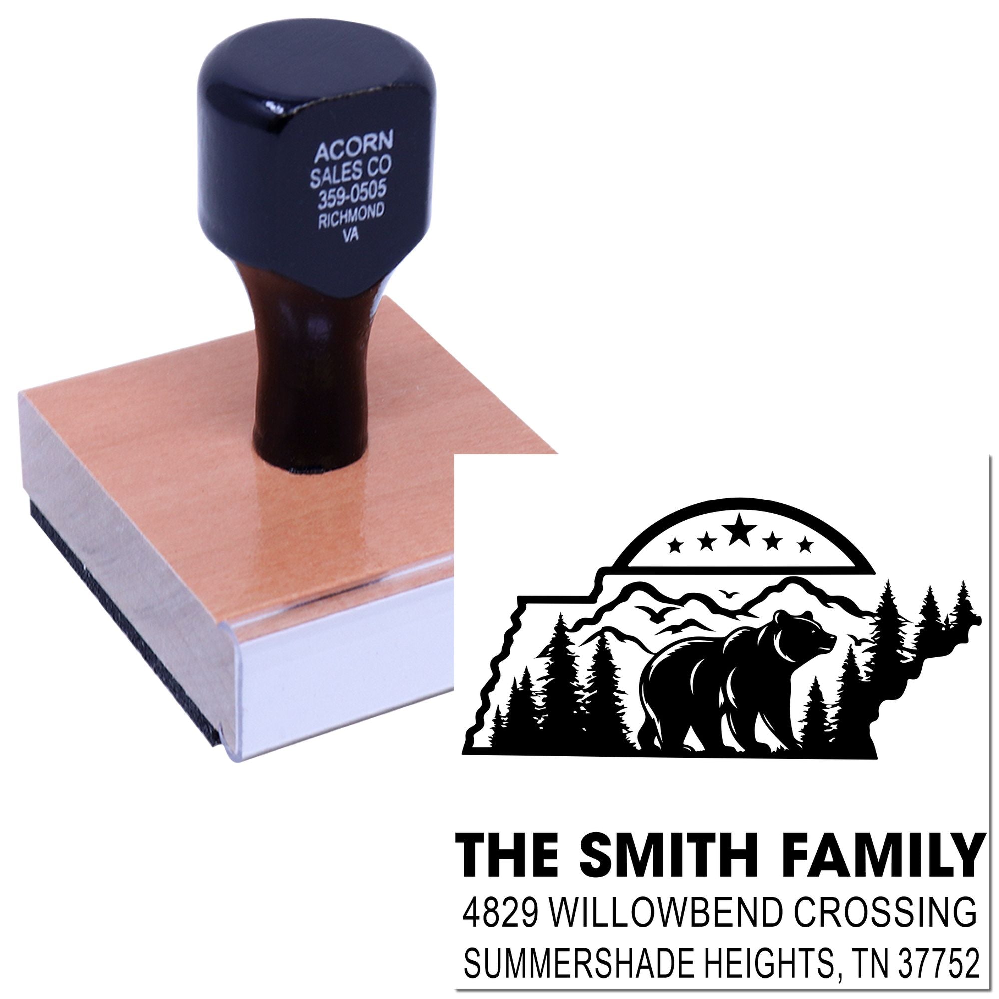 Custom address rubber stamp with bear and mountain logo for The Smith Family personalized envelopes