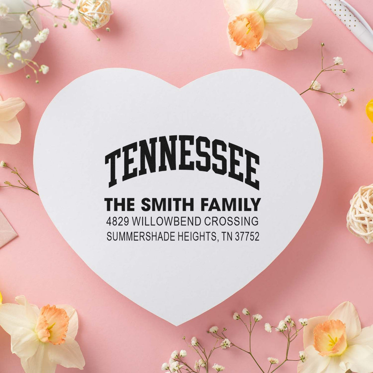 Custom heart-shaped Tennessee return address rubber stamp for The Smith Family with name and mailing address.