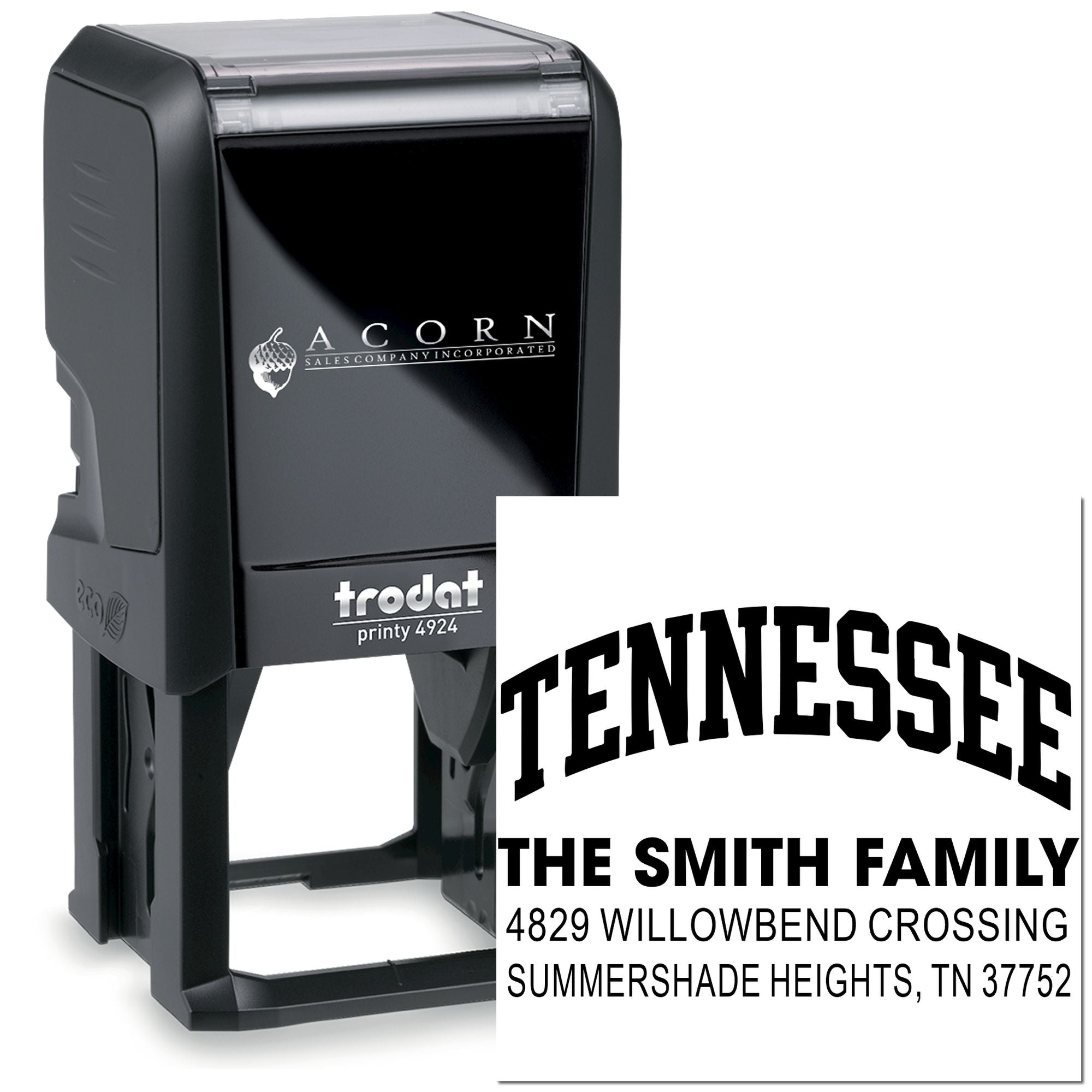 Custom self-inking rubber address stamp with Tennessee family name and mailing address for personalized return addressing.