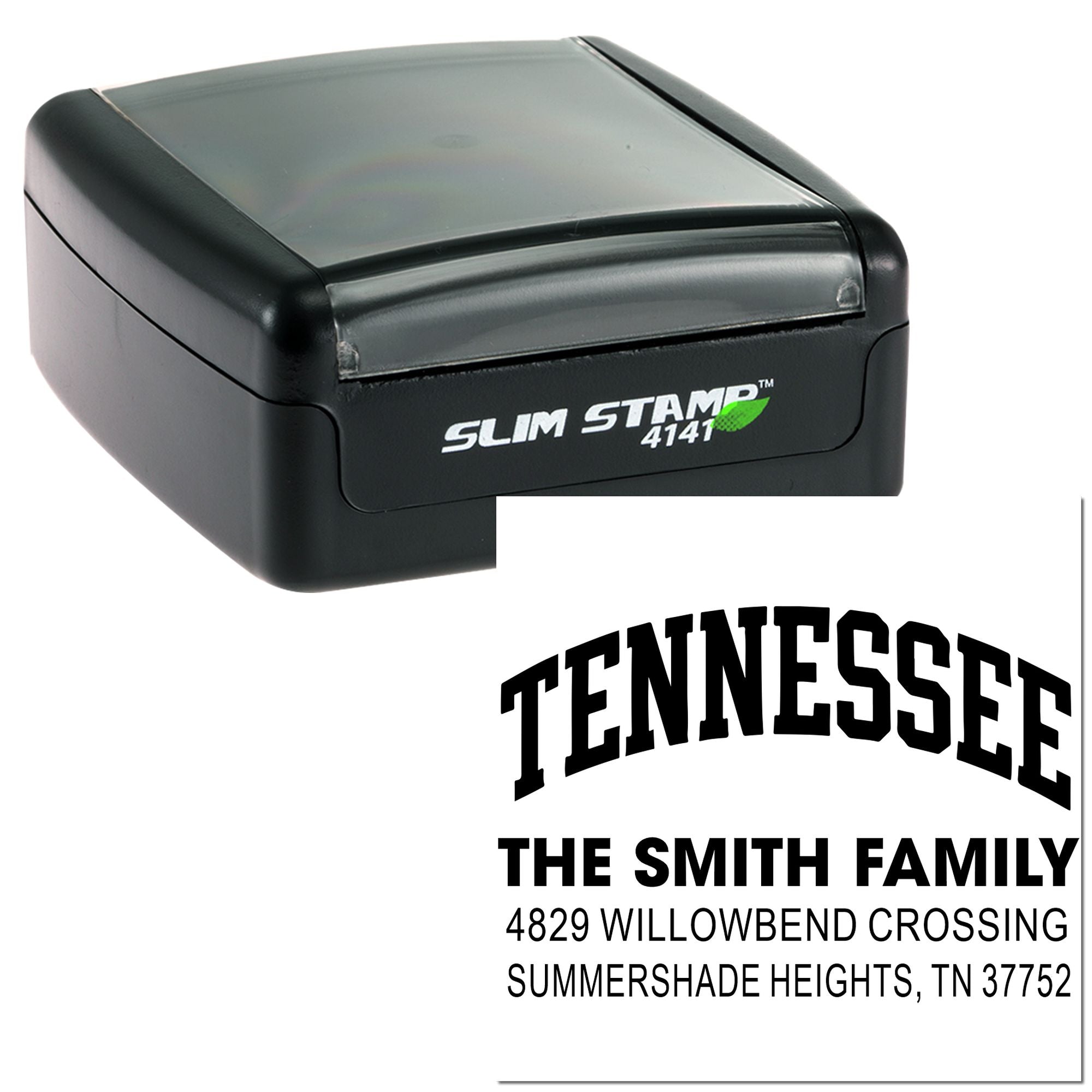 Custom self-inking rubber address stamp for Tennessee family mail, featuring The Smith Family and full return address.