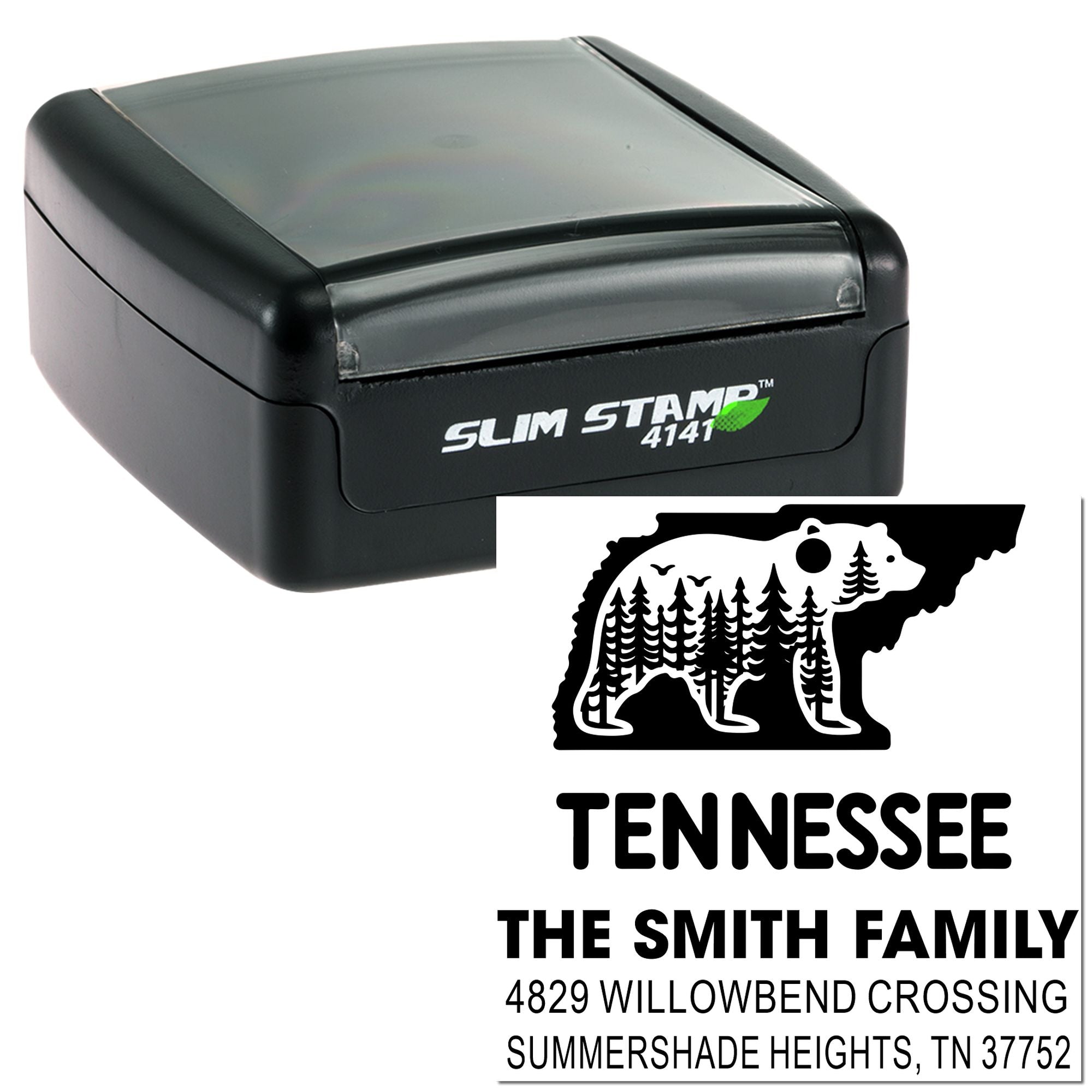 Custom Tennessee family return address rubber stamp with bear graphic and Slim Stamp 4141 self-inking case