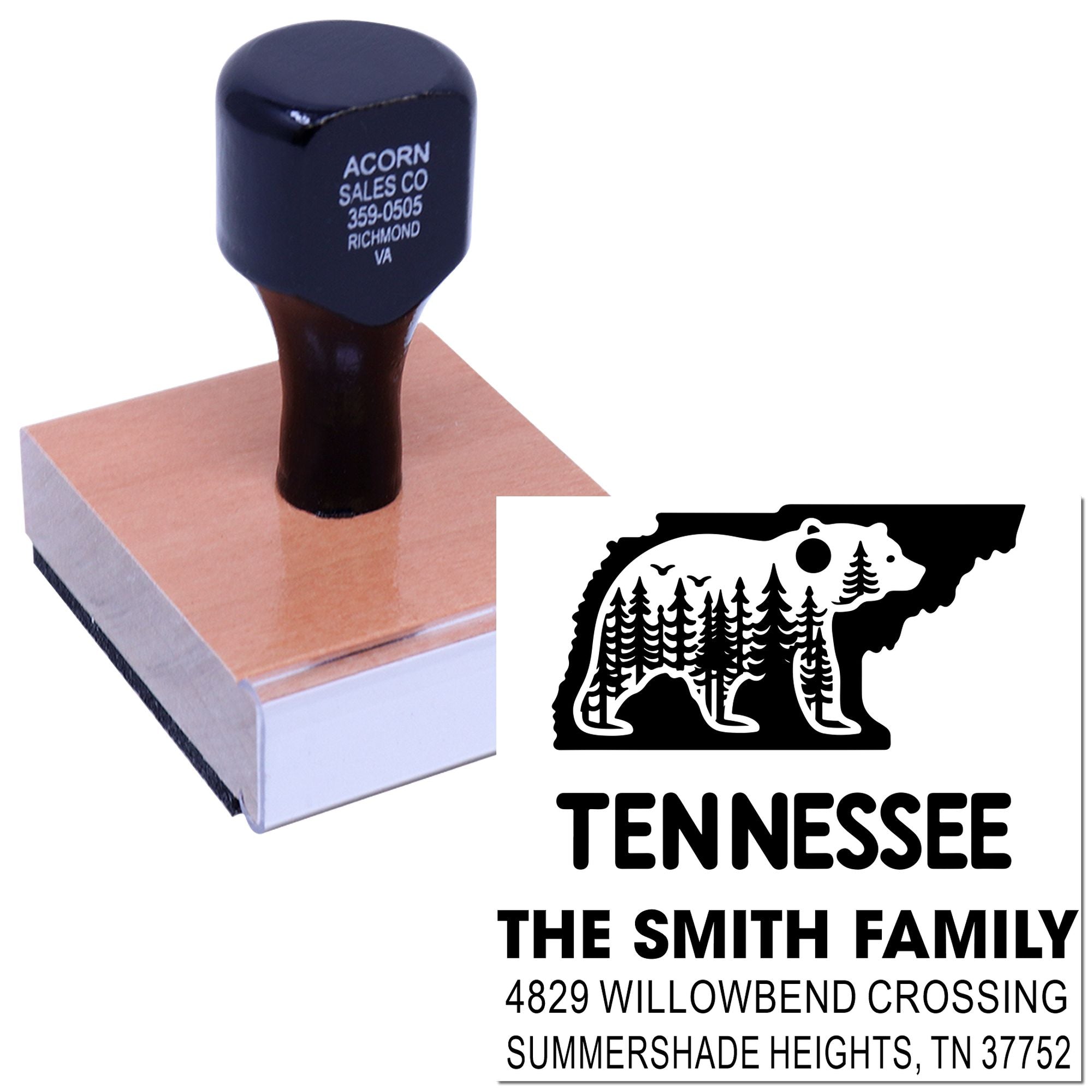 Custom Tennessee address rubber stamp with bear graphic for family mail, featuring name and Summershade Heights address.
