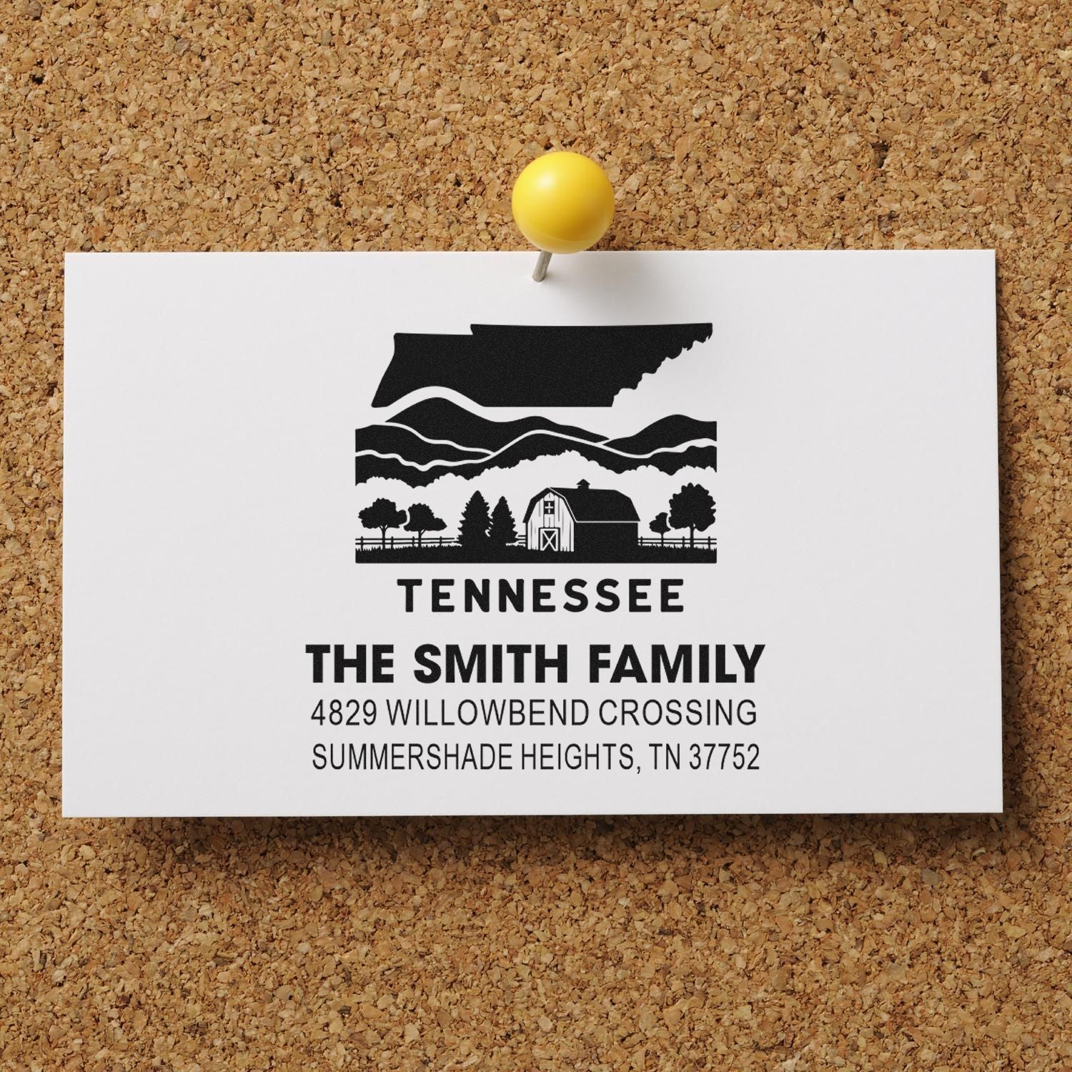 Custom Tennessee return address rubber stamp with farm landscape design for The Smith Family, Summershade Heights, TN 37752