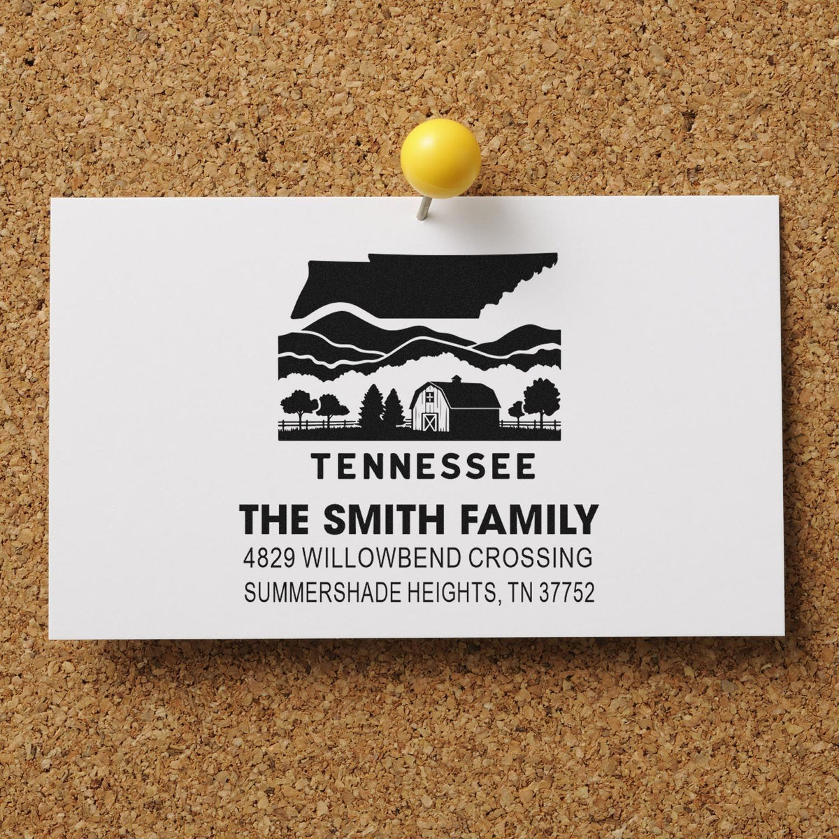 Personalized Tennessee return address rubber stamp for The Smith Family, featuring a farmhouse landscape and custom mailing address.