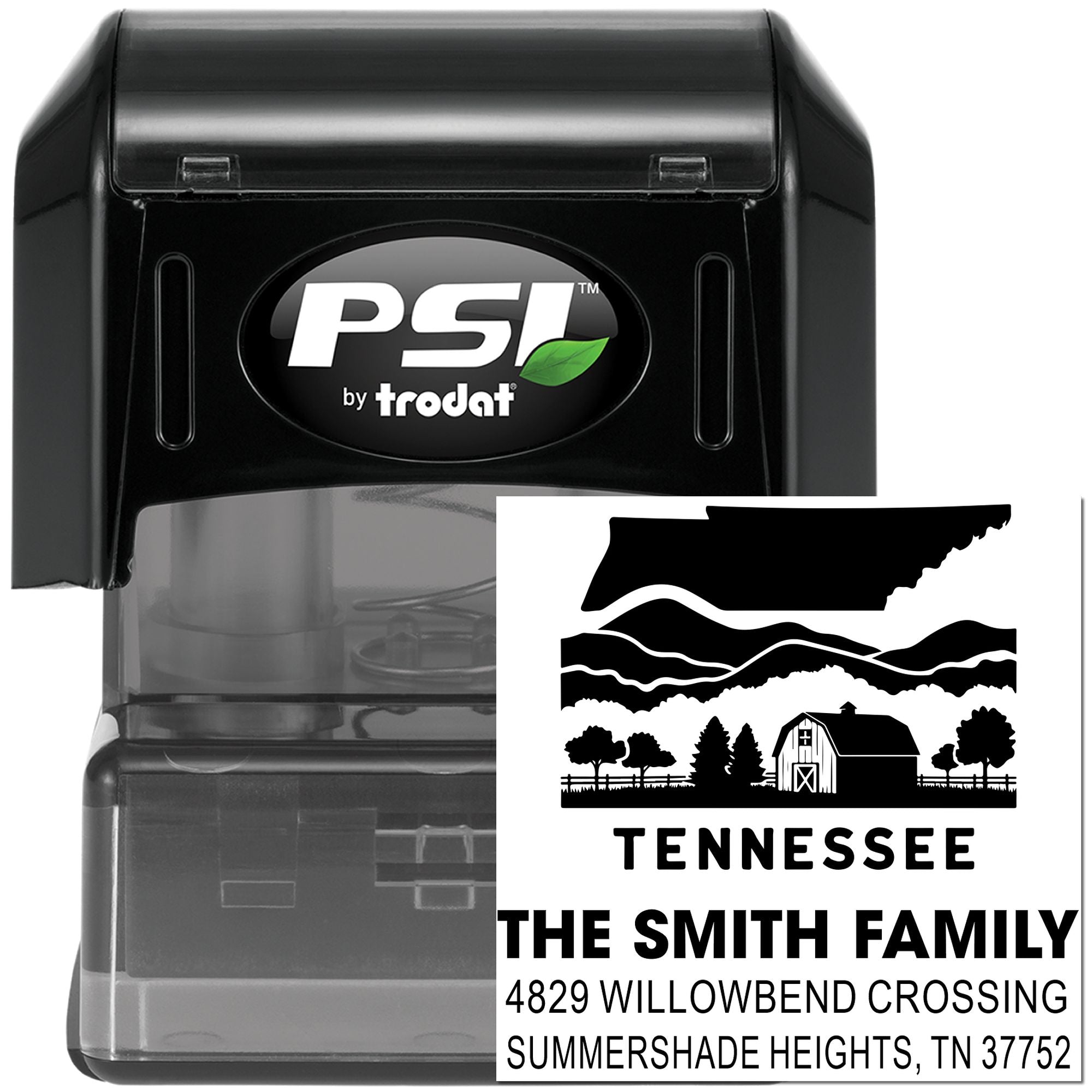 Tennessee custom address rubber stamp with Smith family return address and state outline, made by PSI by Trodat.