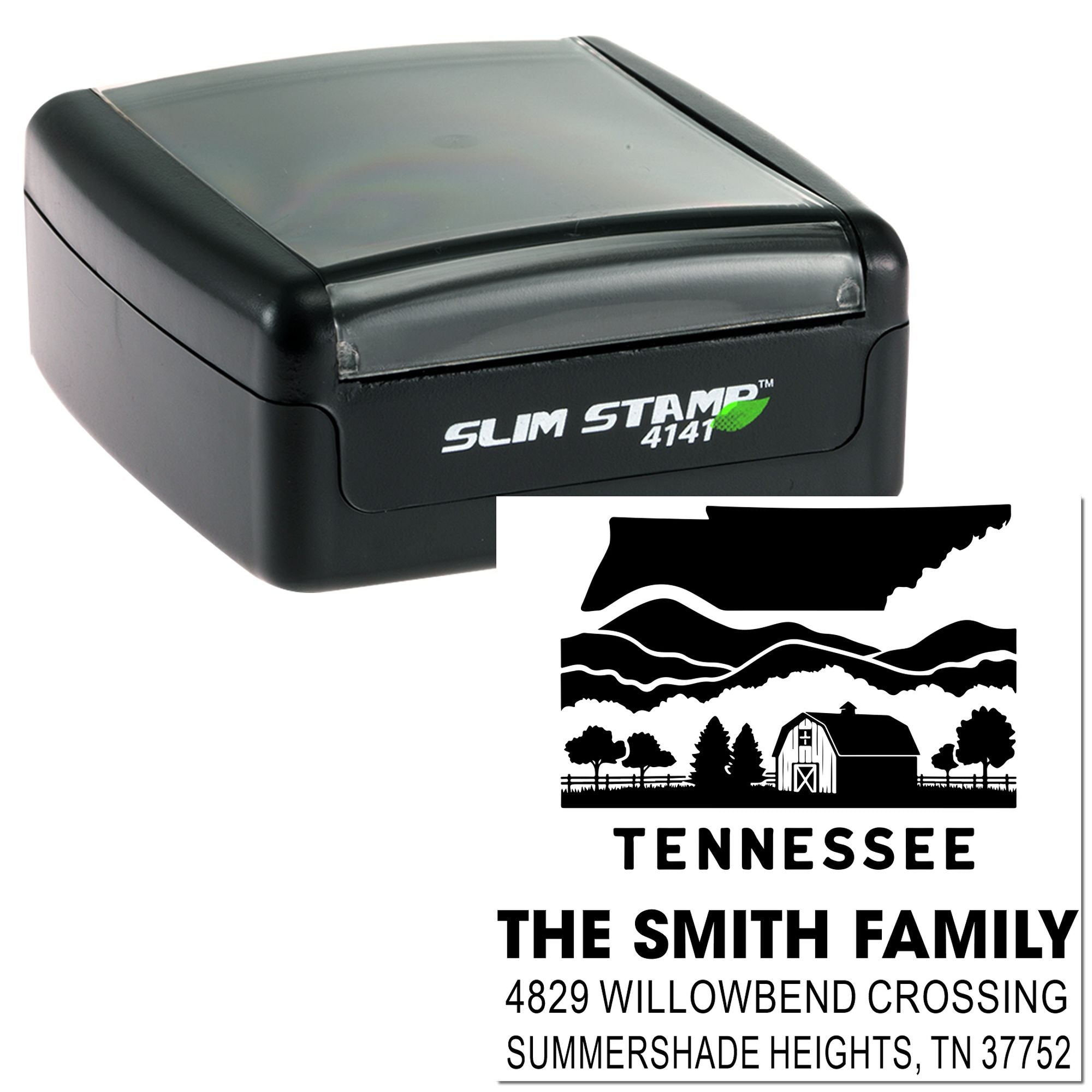 Custom Tennessee address rubber stamp with self-inking design and scenic barn return address for the Smith family