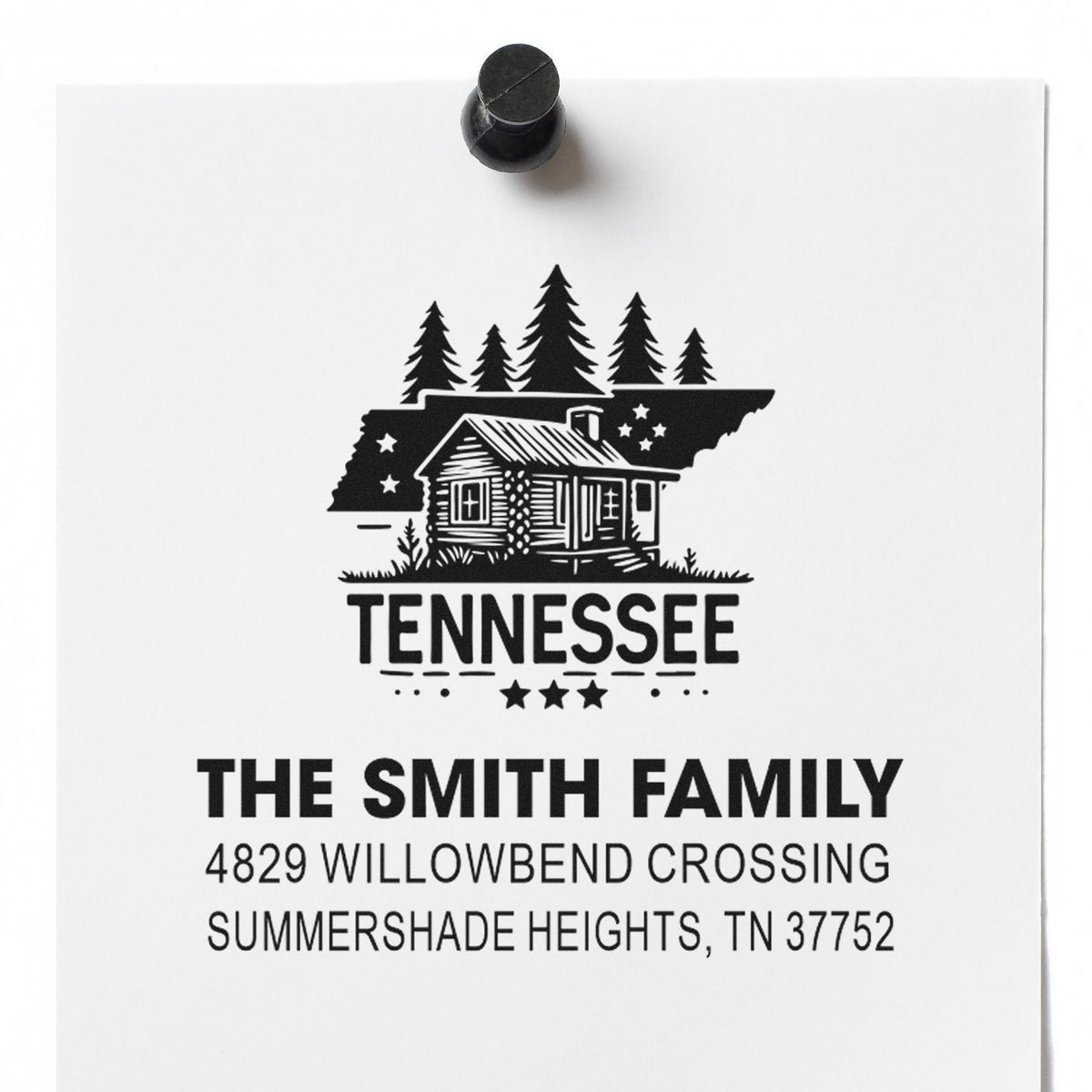 Custom Tennessee address rubber stamp for The Smith Family with cabin and pine tree logo design