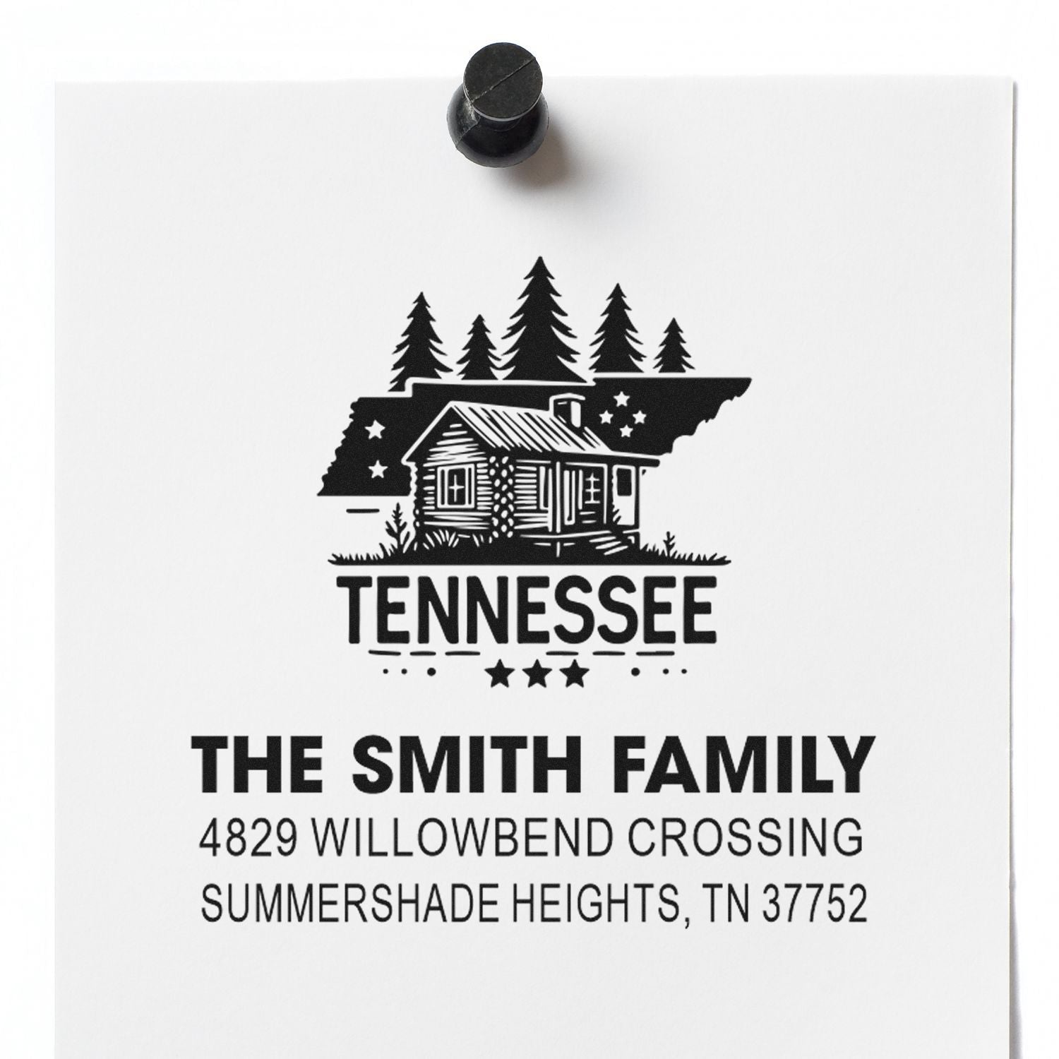 Custom Tennessee return address rubber stamp for The Smith Family with house and forest design for personalized mail.