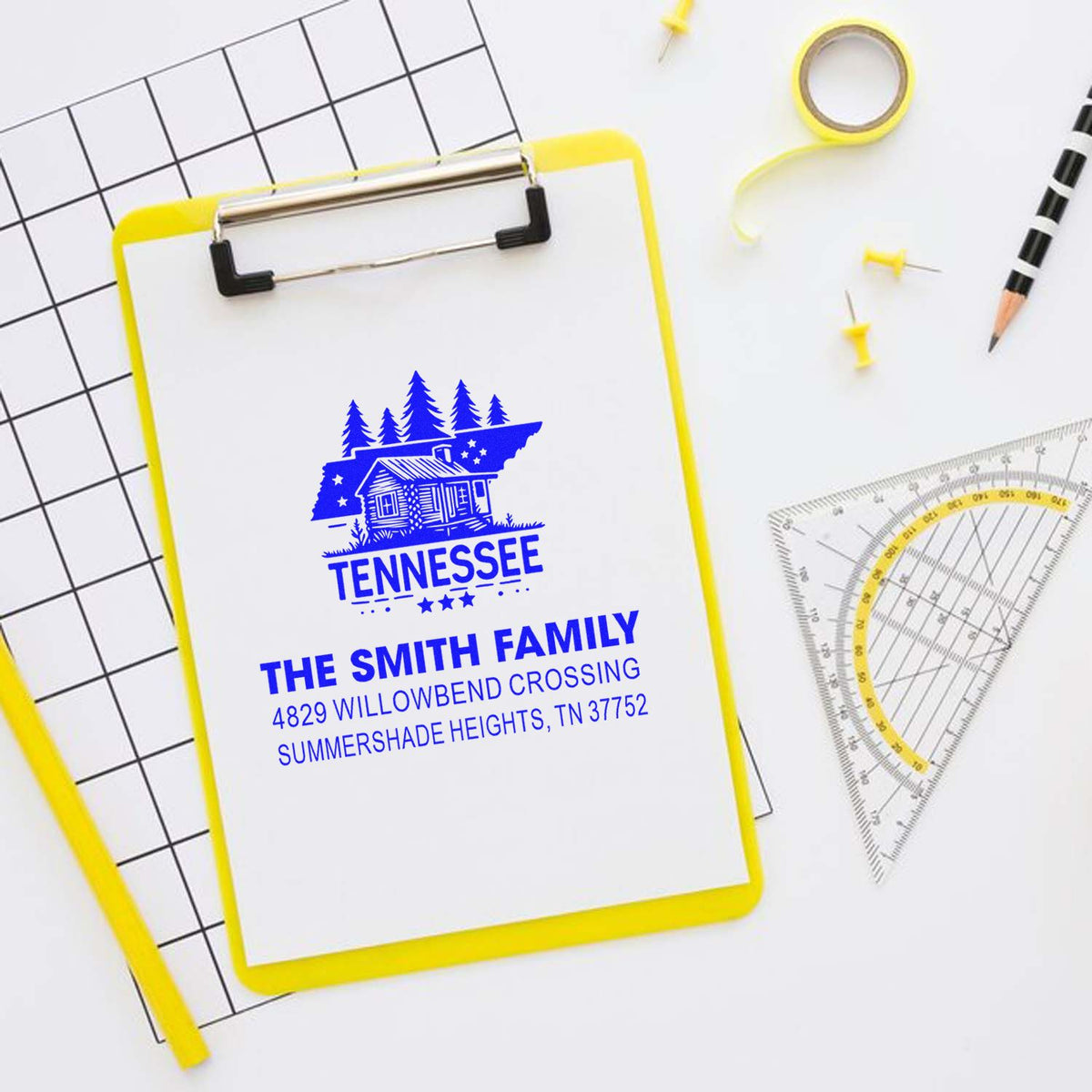 Custom Tennessee family return address rubber stamp design on clipboard for personalized mailing and crafts