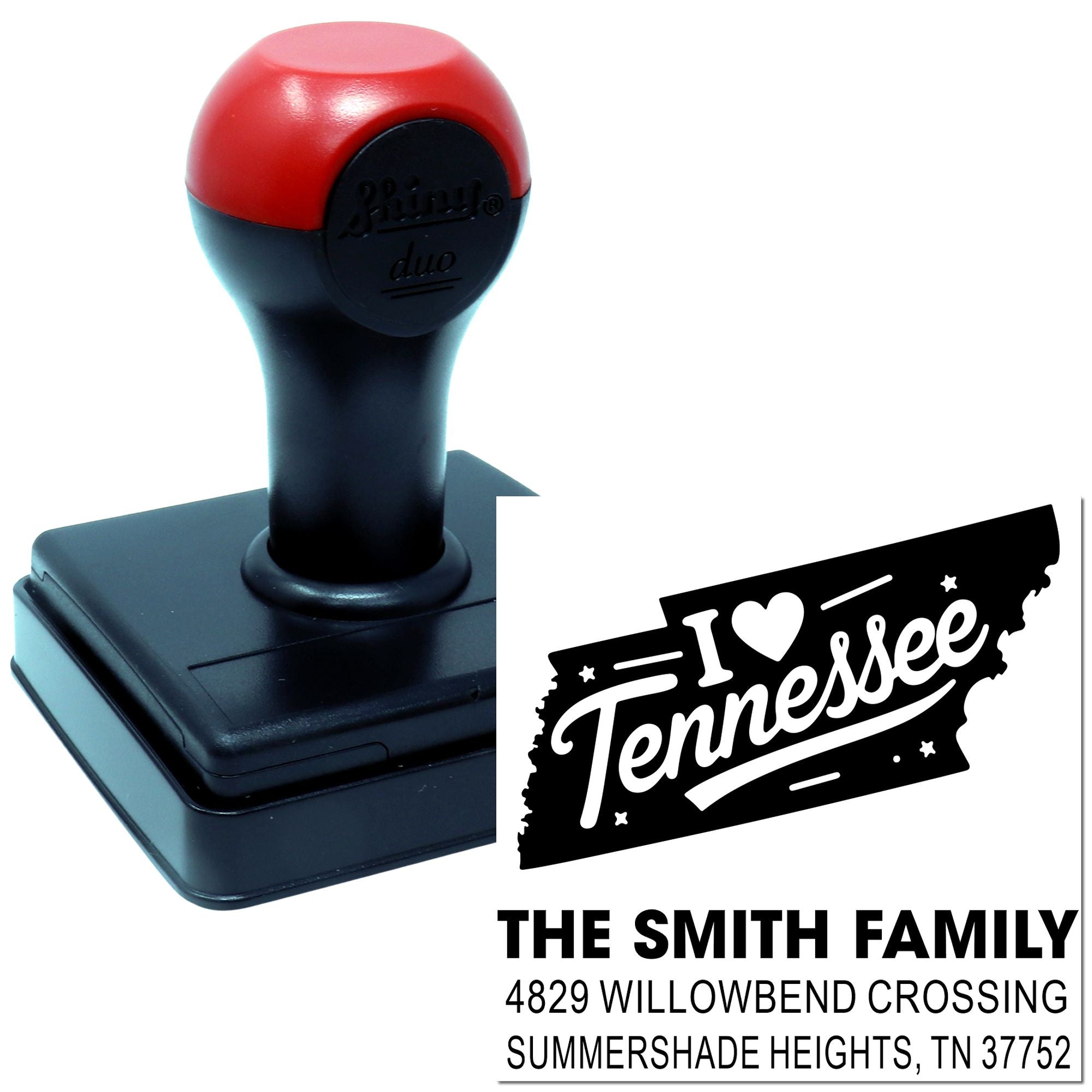 Custom self-inking Tennessee address rubber stamp with I Love Tennessee design for personalized family mailing.