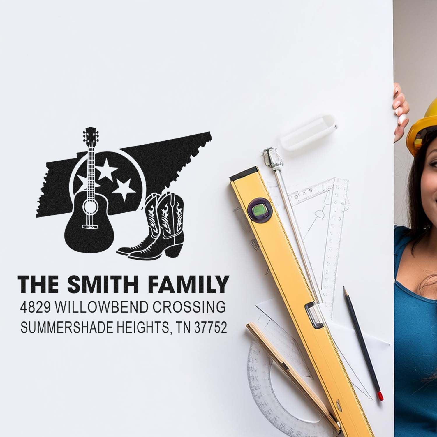 Custom family address rubber stamp with Tennessee silhouette, guitar and cowboy boots, featuring The Smith Family and mailing address.