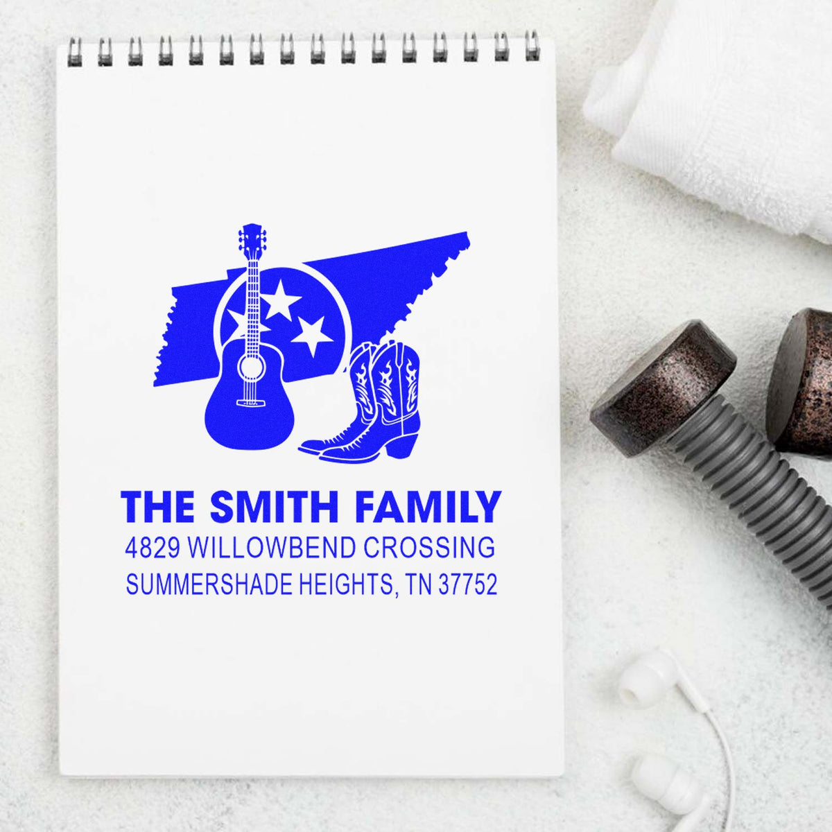 Personalized rubber stamp design with Tennessee state, guitar and cowboy boots, featuring The Smith Family return address.