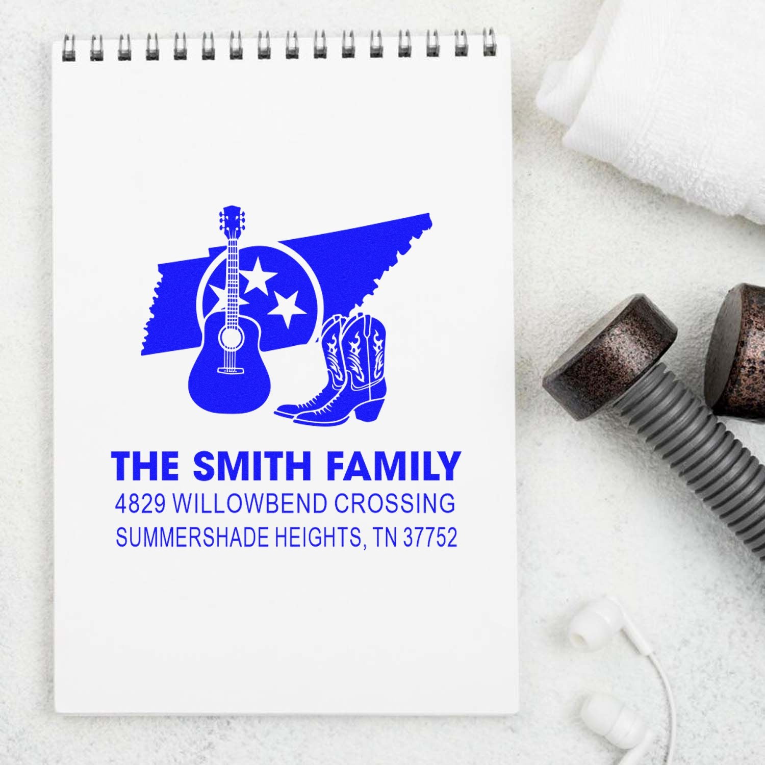 Personalized return address rubber stamp for The Smith Family with Tennessee guitar and cowboy boots design.