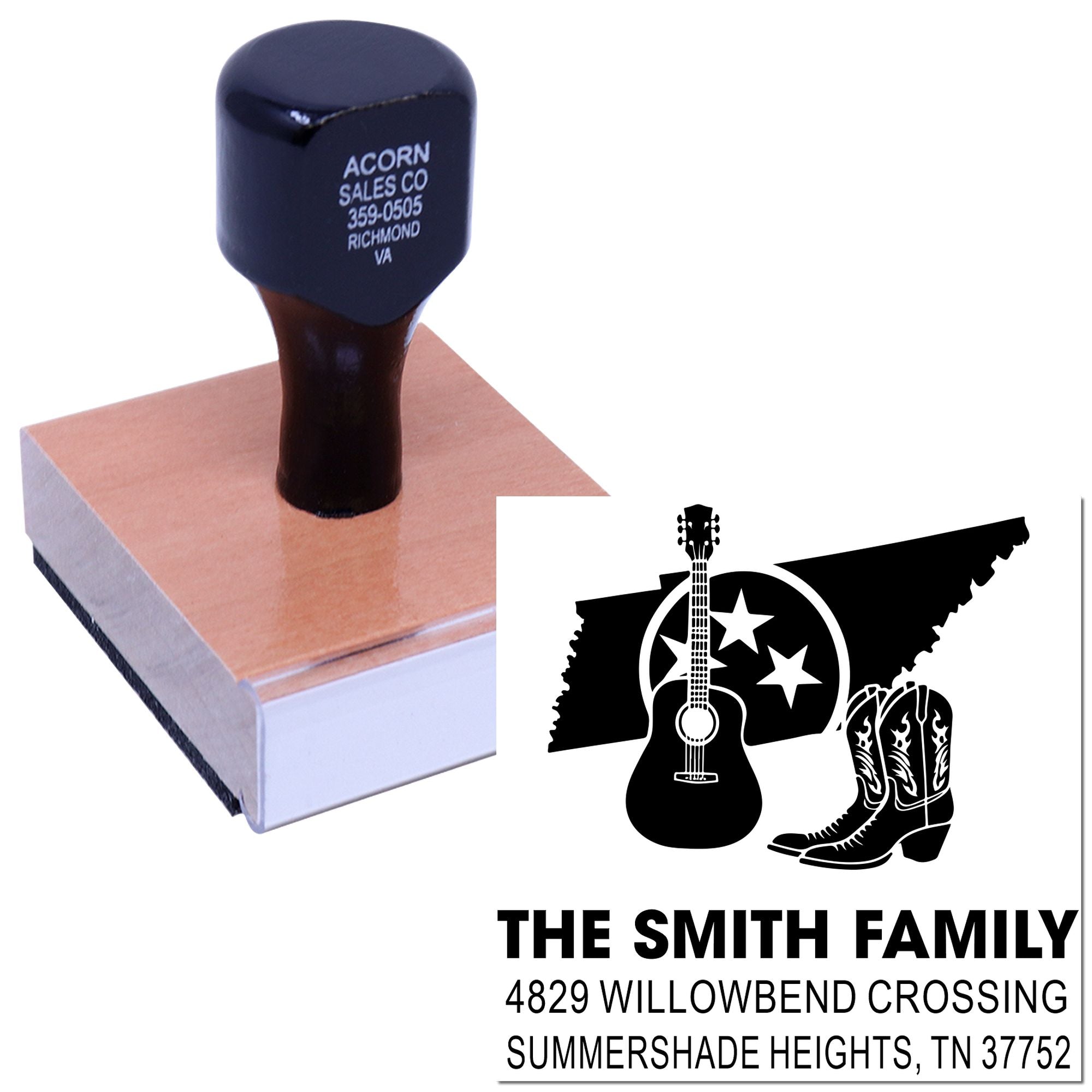 Custom family address rubber stamp with personalized logo design for mail, stationery, and crafts