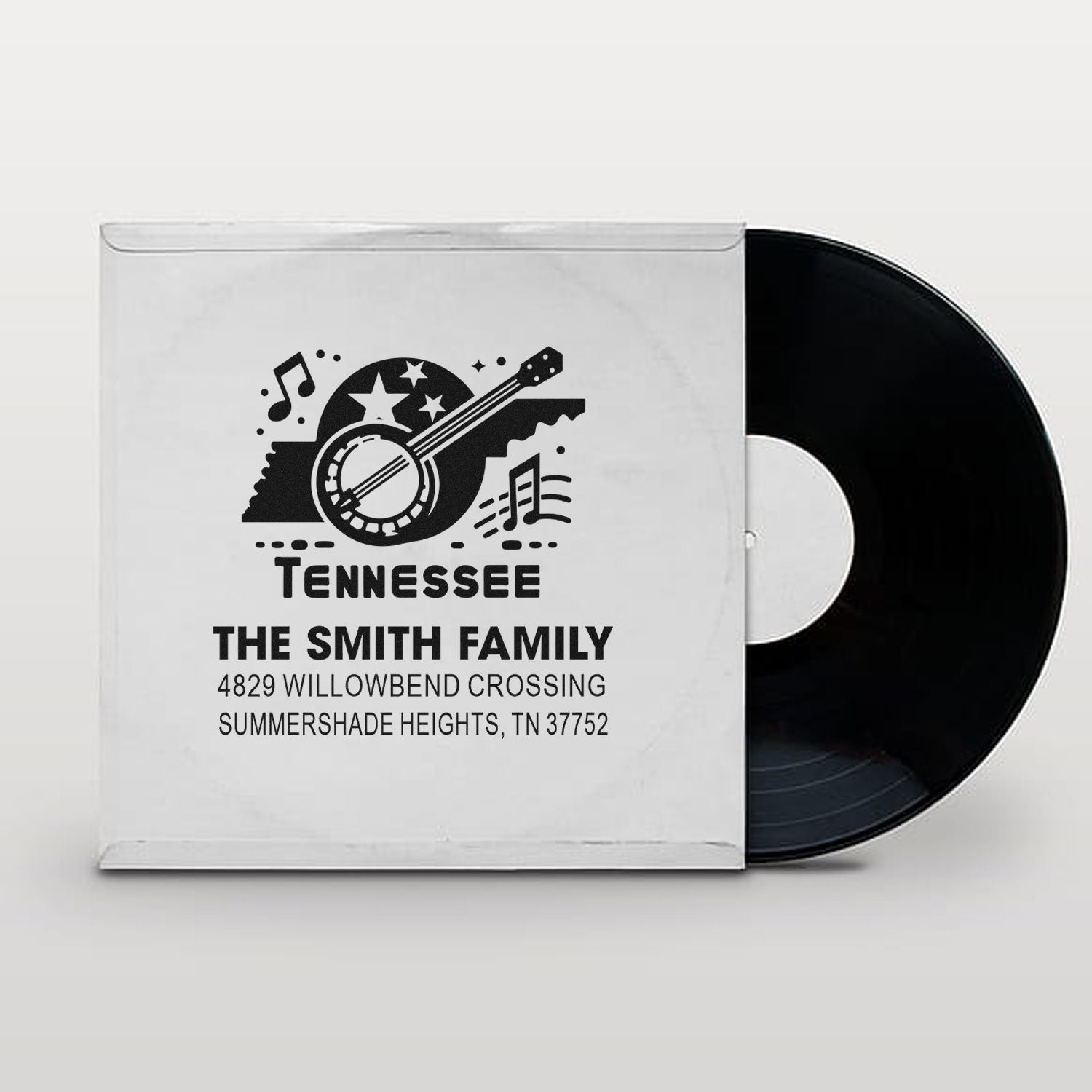 Custom Tennessee return address rubber stamp with banjo music design for The Smith Family