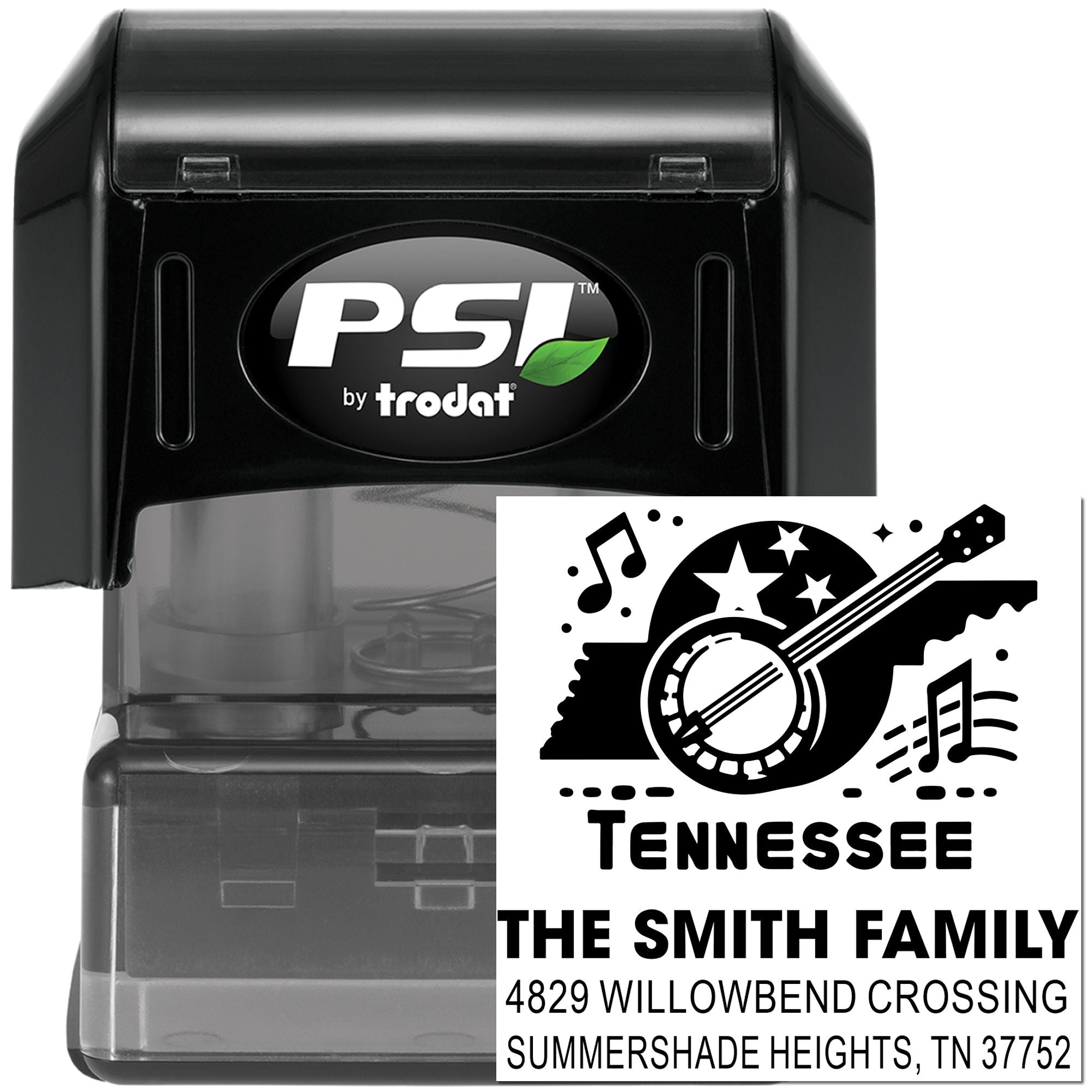 PSI by Trodat self-inking rubber stamp with custom Tennessee family address design for personalized return mailing.