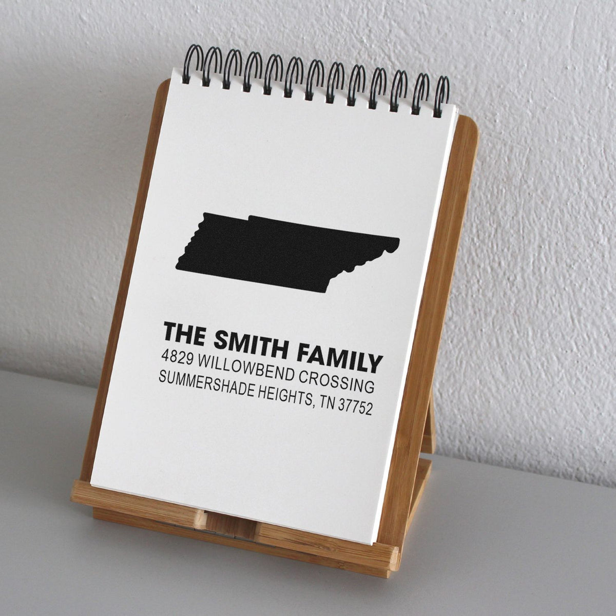 Custom return address rubber stamp for The Smith Family, Willowbend Crossing, Summershade Heights, TN 37752.