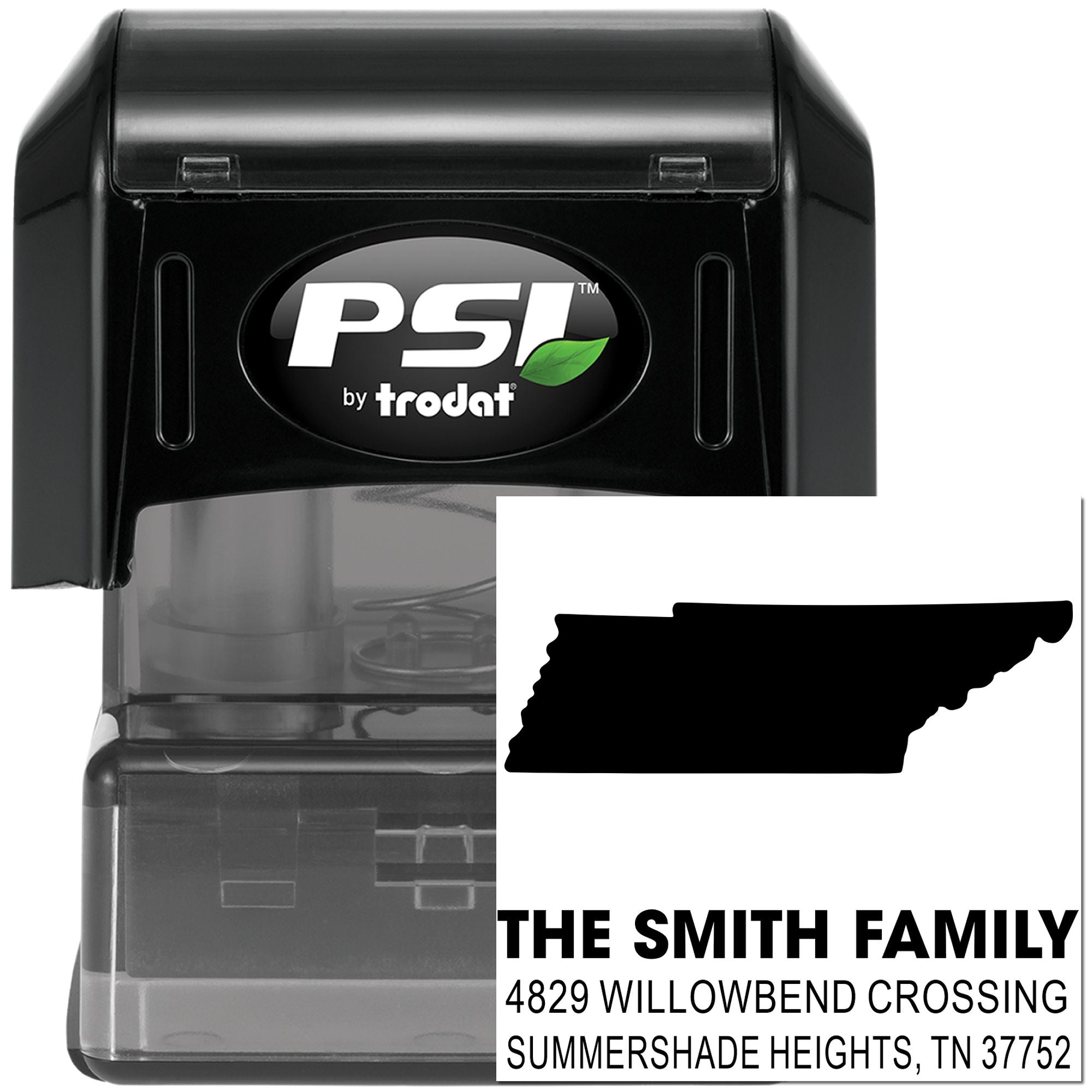 Custom self-inking rubber return address stamp by PSI Trodat with Tennessee state silhouette and Smith family address.