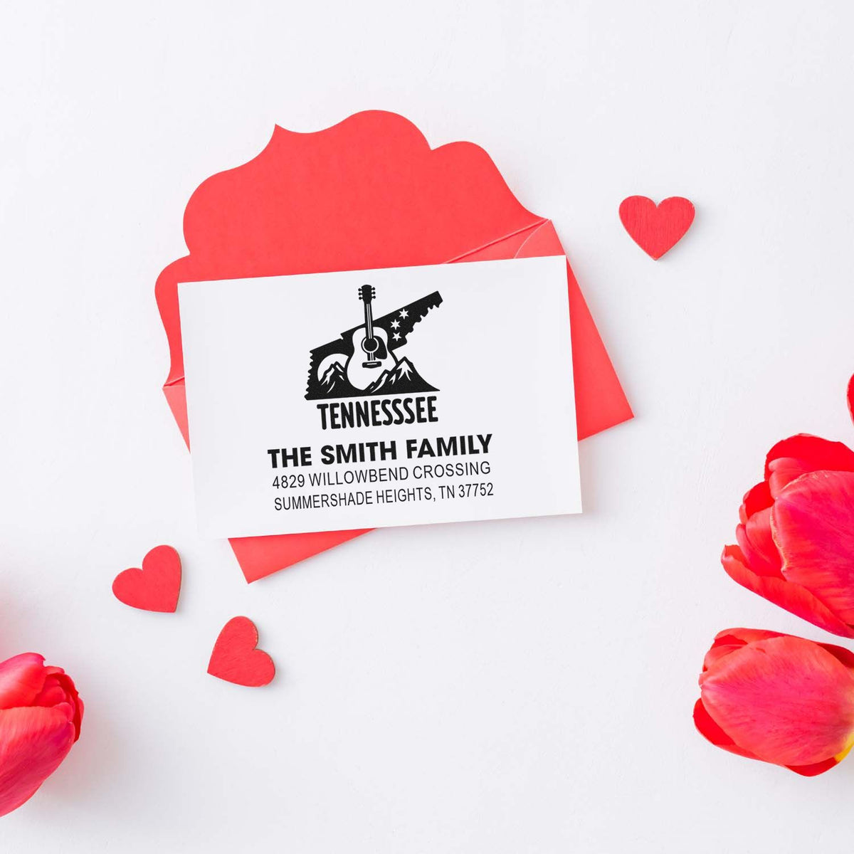 Personalized Tennessee return address rubber stamp with heart design for Valentines Day cards and envelopes.