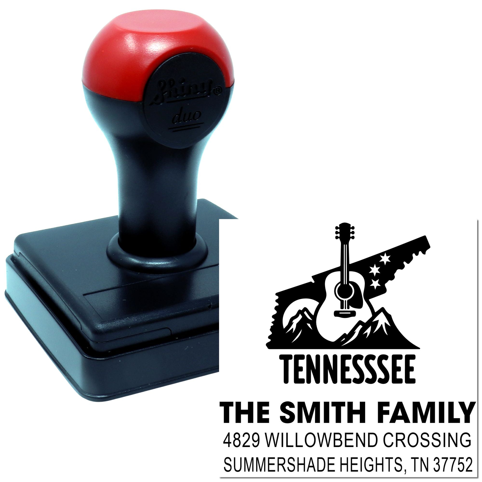 Custom self-inking rubber address stamp with Tennessee family name, address, and guitar logo.