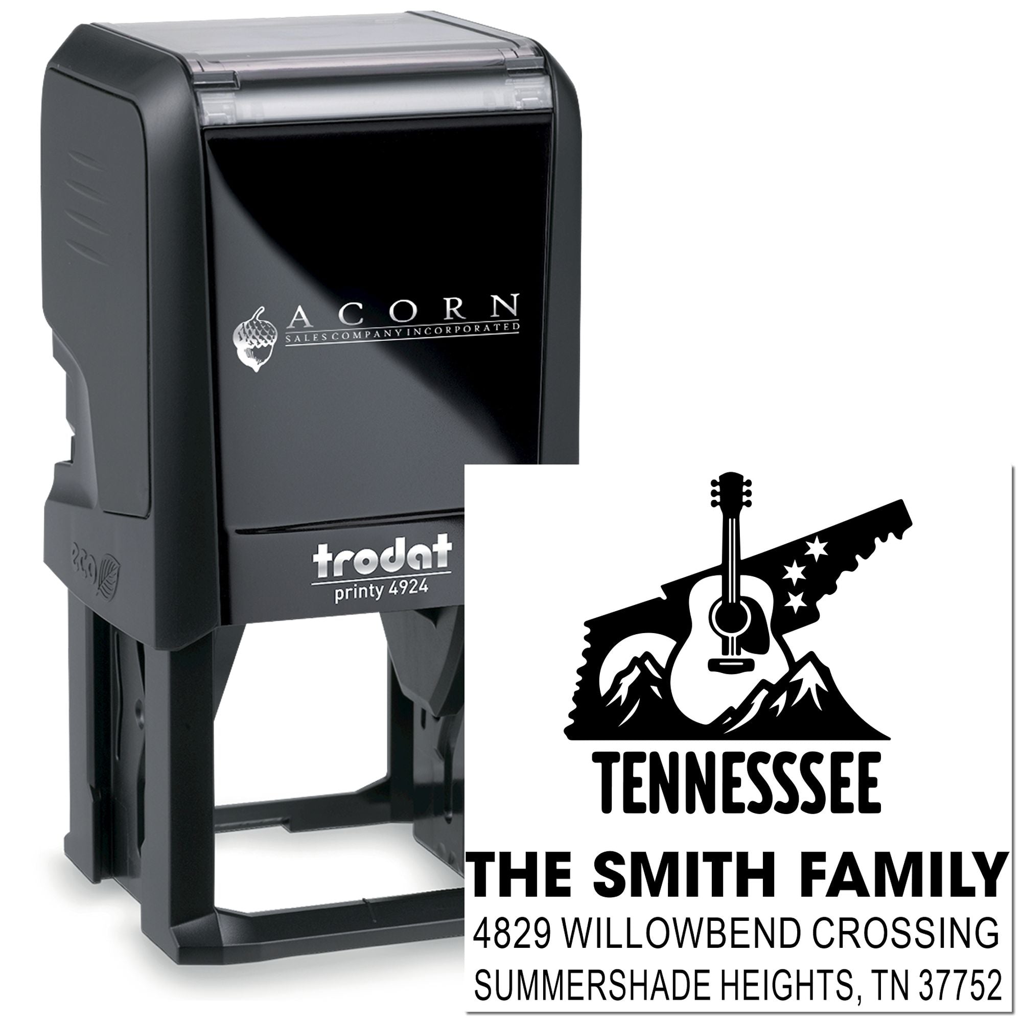 Personalized self-inking address rubber stamp with Tennessee family return address design, Trodat Printy 4924.