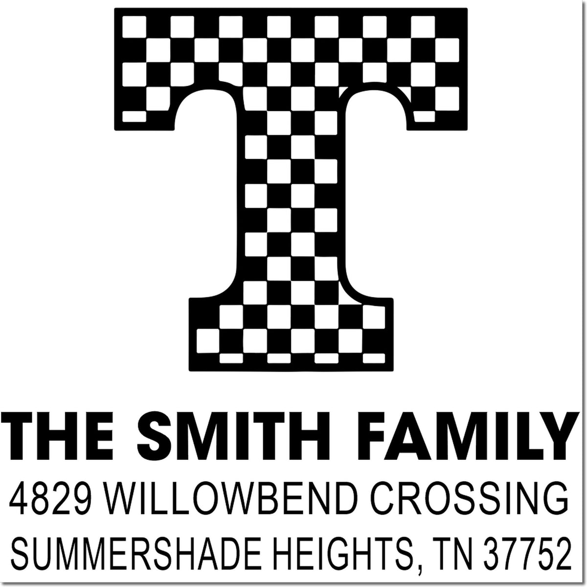 Personalized return address rubber stamp for The Smith Family, 4829 Willowbend Crossing, Summershade Heights, TN 37752.